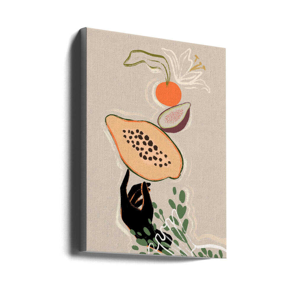 Ripe fruit stack effortlessly atop an outstretched hand, framed by soft green leaves on a beige ground. A modern still life that brings quiet energy to kitchens, dining spaces, or anywhere you want a touch of playful balance. Artist: Arty Guava
