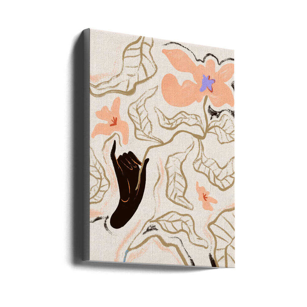 Minimal lines trace flowers and leaves above a dark hand, grounded by muted earth tones on soft beige. Subtle yet bold, this line-driven design works well in serene bedrooms or modern gallery walls. Artist: Arty Guava