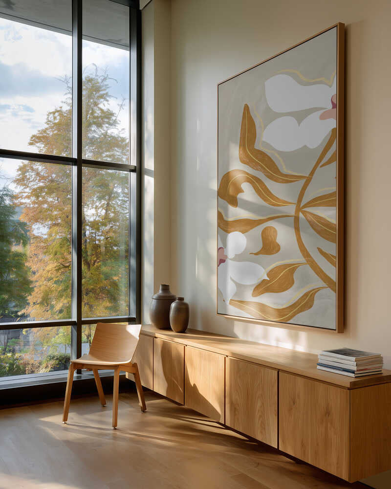 white blooms on beige, light and airy. Large poster, canvas & frames. Local production & fast shipping.