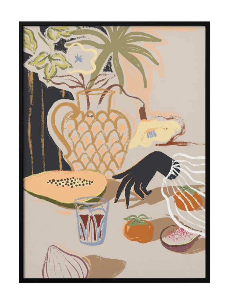 A tabletop of fruit and blossoms captured in rich, modern hues. Still life with a fresh rhythm—perfect for kitchens, dining areas, or spaces that celebrate everyday abundance. Artist: Arty Guava