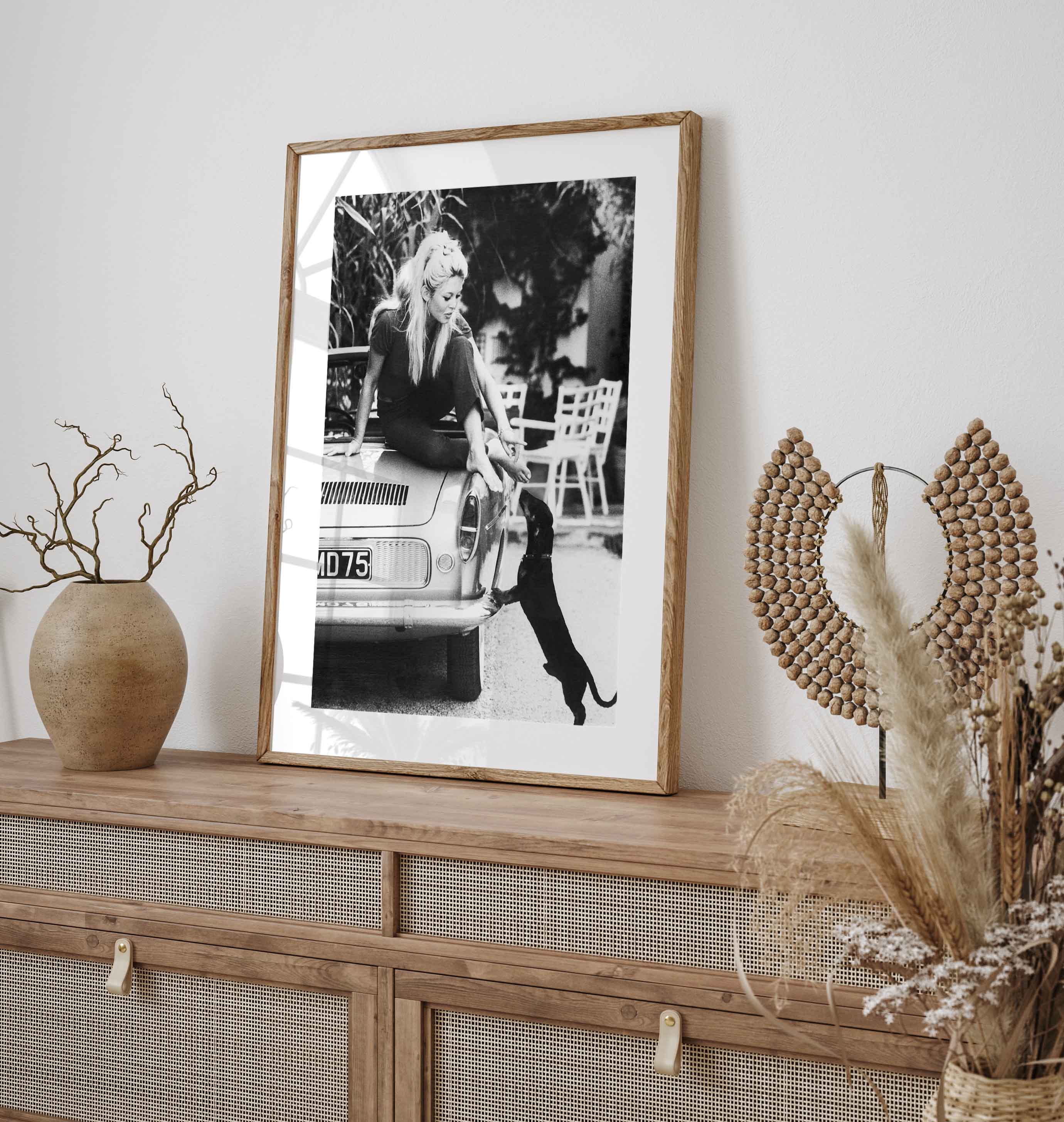 Black & White photography print with an iconic photo of Brigitte Bardot with Dachshund at her villa in St. Tropez, France. 8th October 1962.