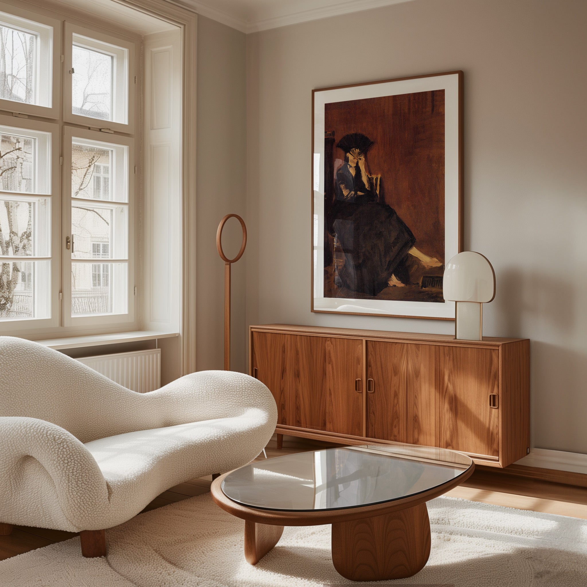 A soft, intimate portrait by Édouard Manet. Berthe sits quietly, fan in hand, her dark eyes full of thought. A timeless piece that brings a gentle, elegant touch to any space.