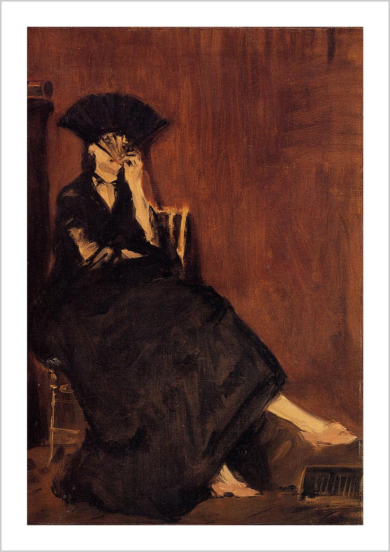 A soft, intimate portrait by Édouard Manet. Berthe sits quietly, fan in hand, her dark eyes full of thought. A timeless piece that brings a gentle, elegant touch to any space.