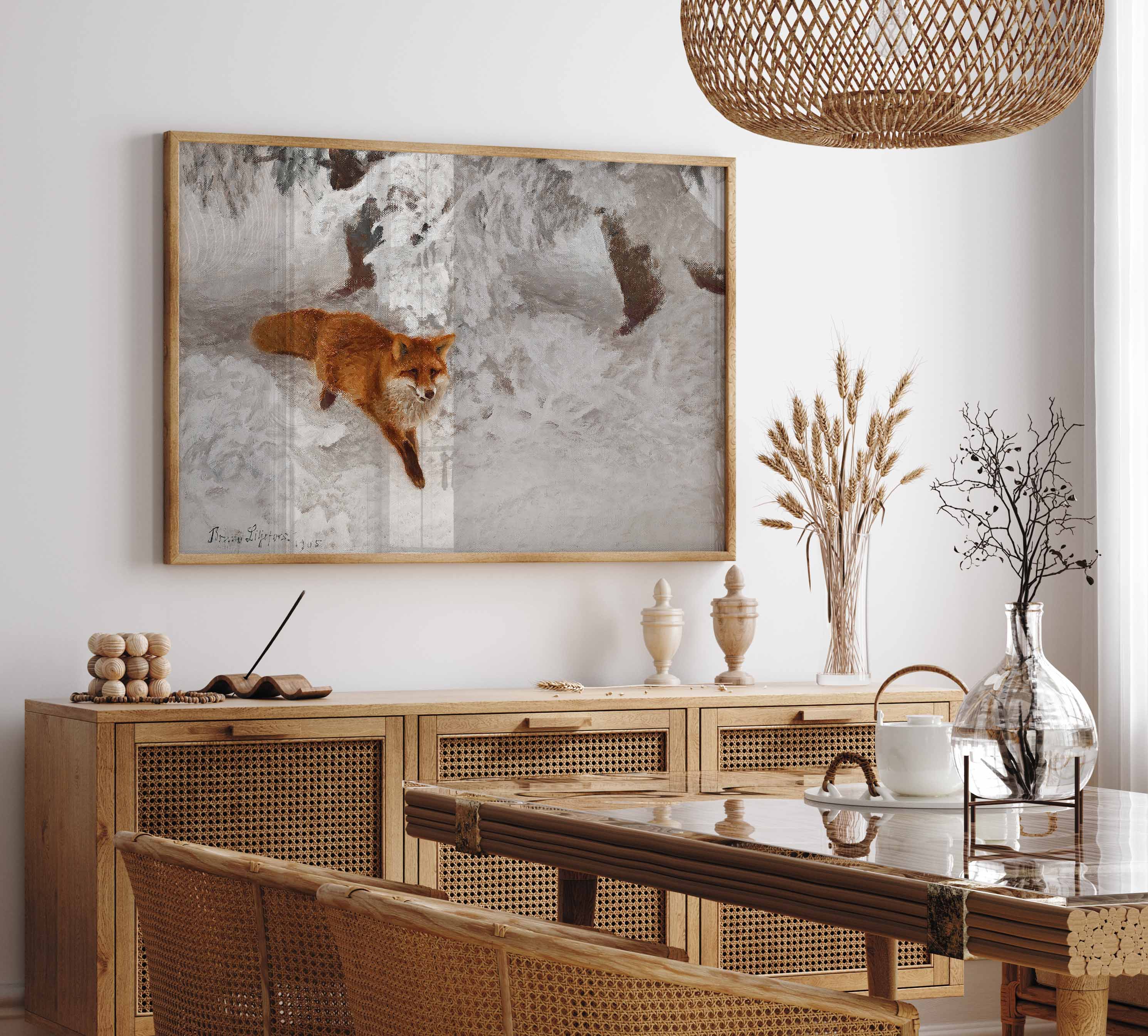 A vintage painting of "Red Fox" in winter landscape by the Swedish artist Bruno Liljefors.