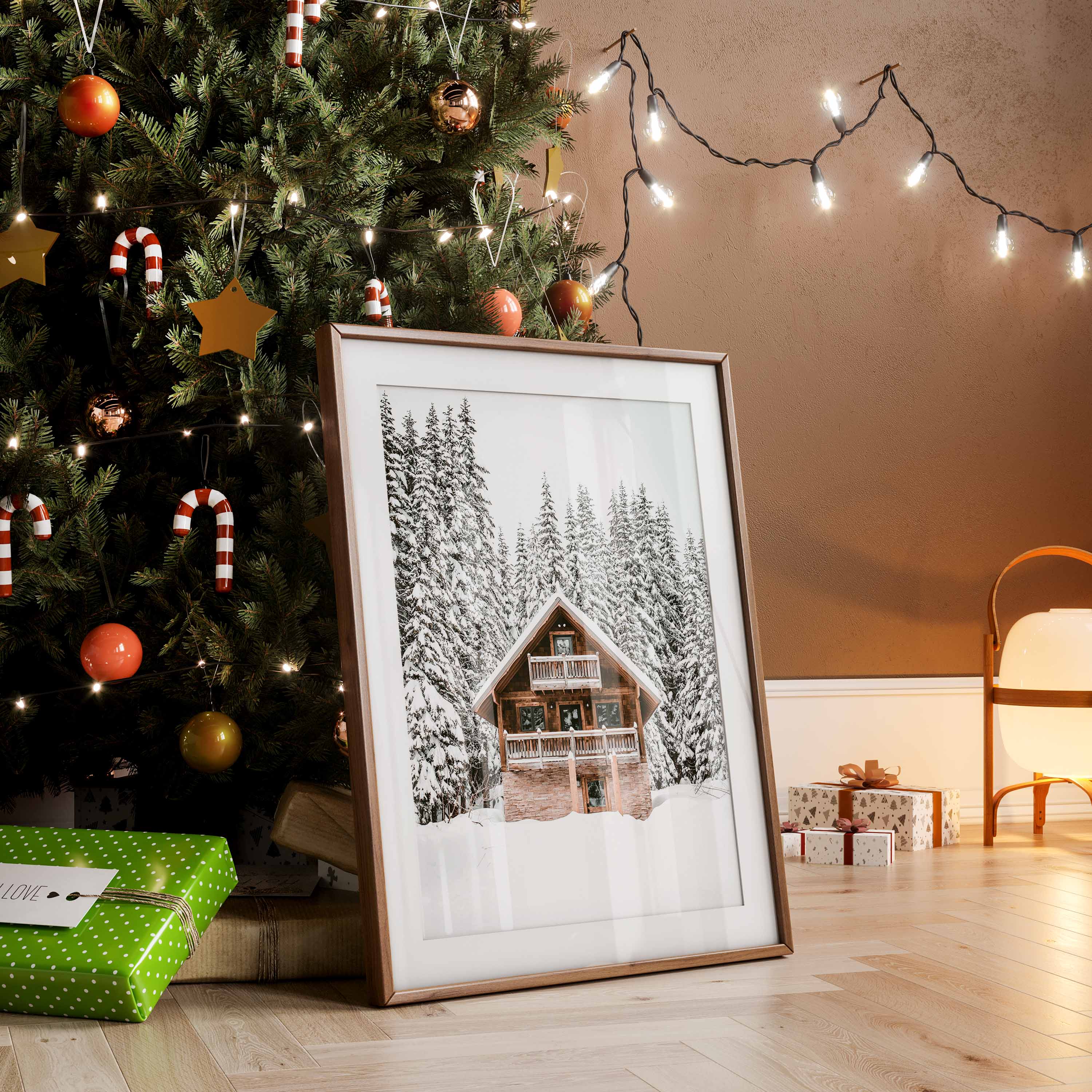 Cabin In Snowy Pine Forest Poster