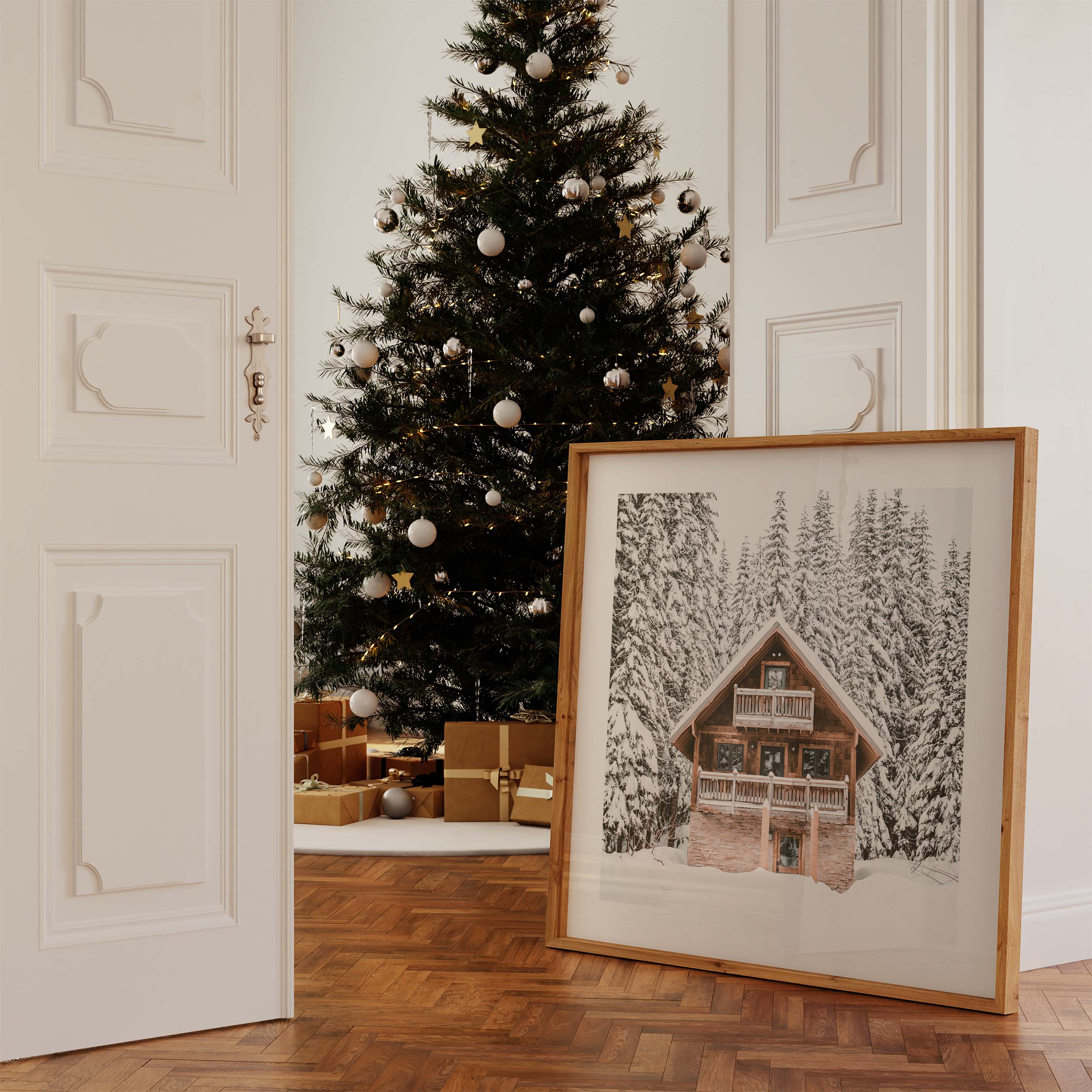 Cabin In Snowy Pine Forest Poster