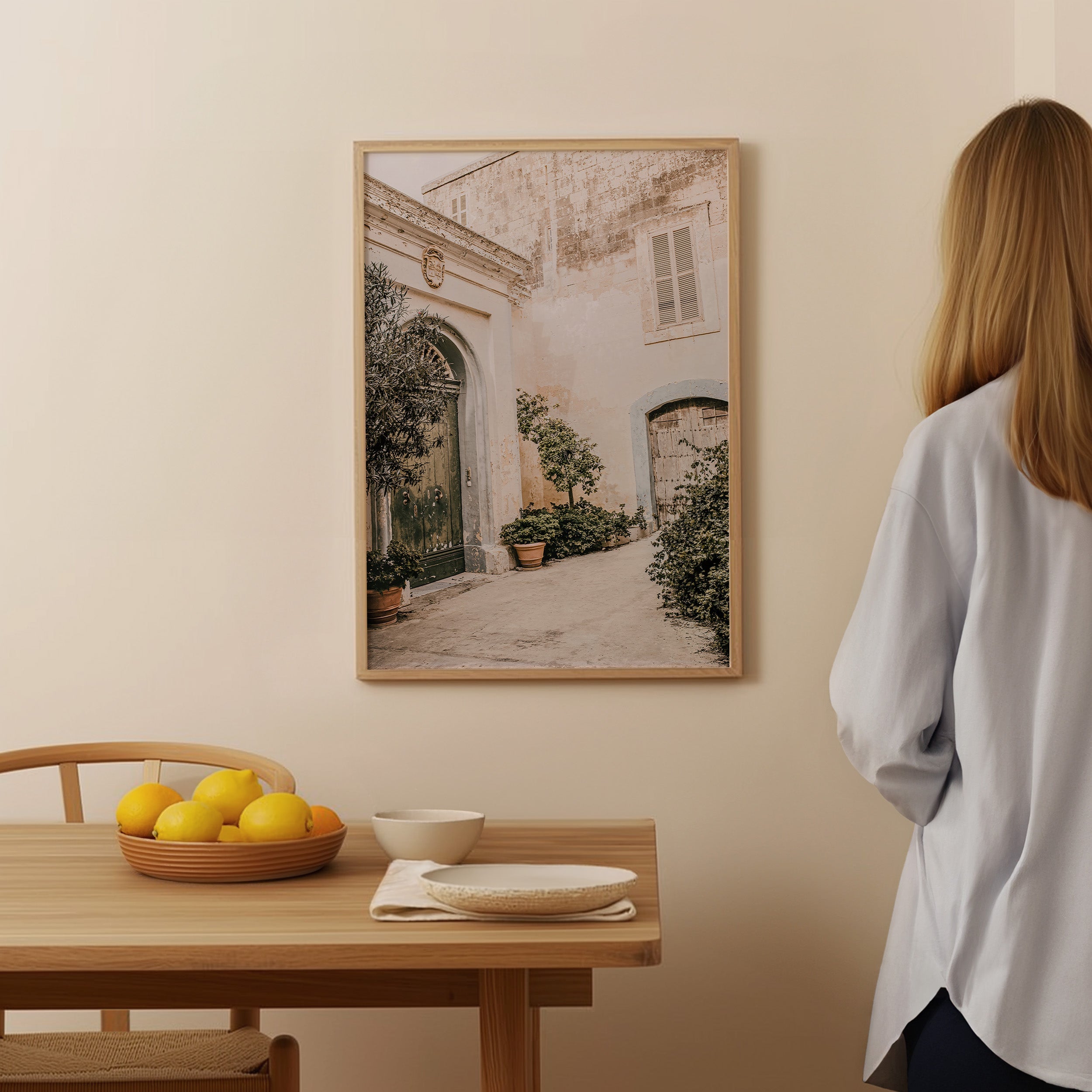 Photograph of the landscape of the Tuscany Hills with a foggy mountain sky. Create a gallery wall with nature Posters of landscapes. This art Poster has a grainy photo structure