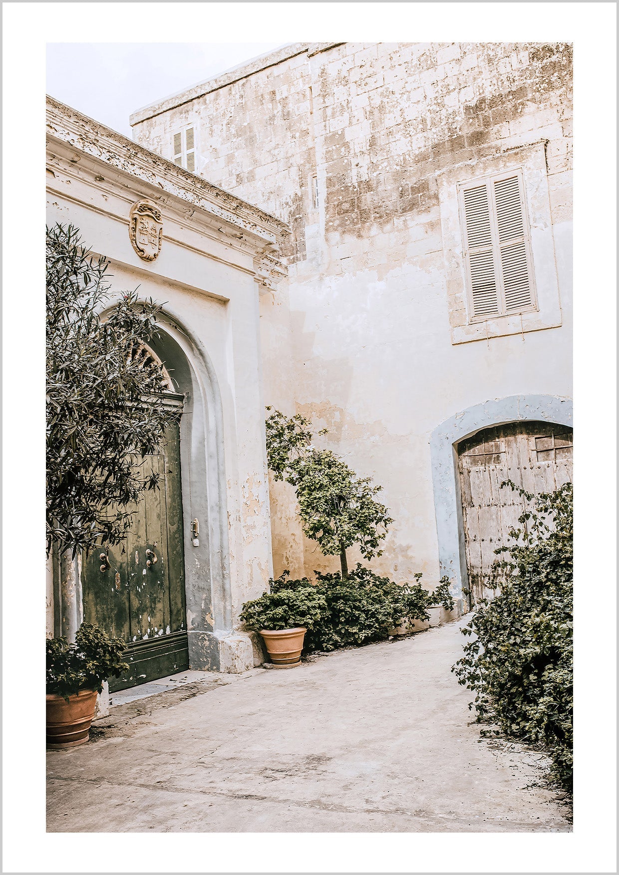 Photograph of the landscape of the Tuscany Hills with a foggy mountain sky. Create a gallery wall with nature Posters of landscapes. This art Poster has a grainy photo structure