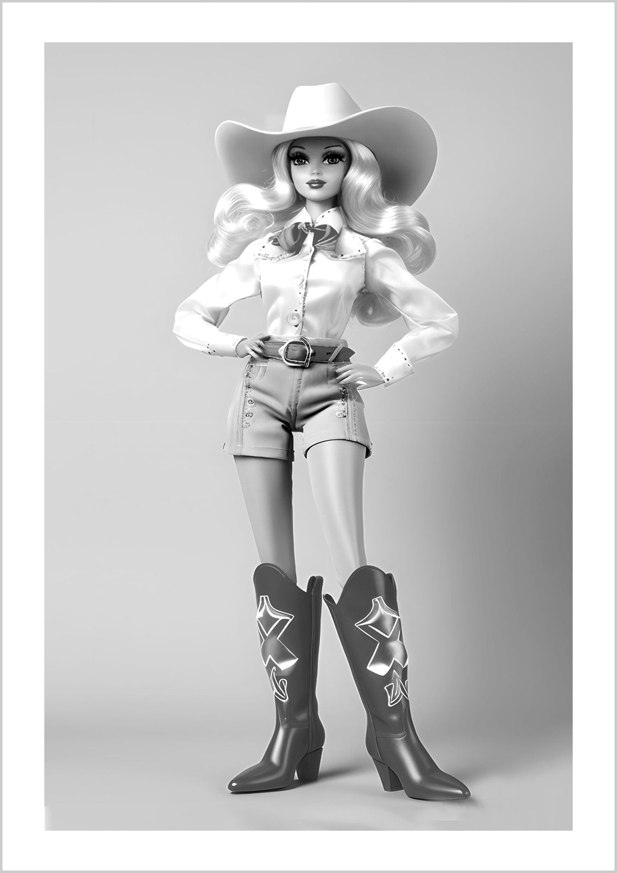 Bold and iconic, this black-and-white print captures Barbie as a stylish cowgirl with vintage charm