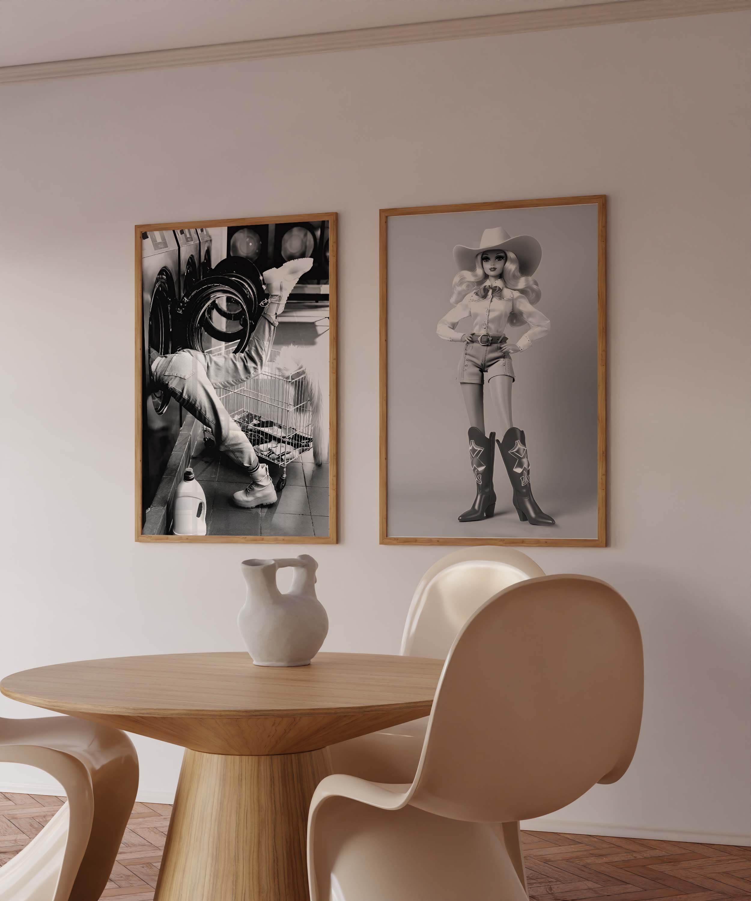 Bold and iconic, this black-and-white print captures Barbie as a stylish cowgirl with vintage charm