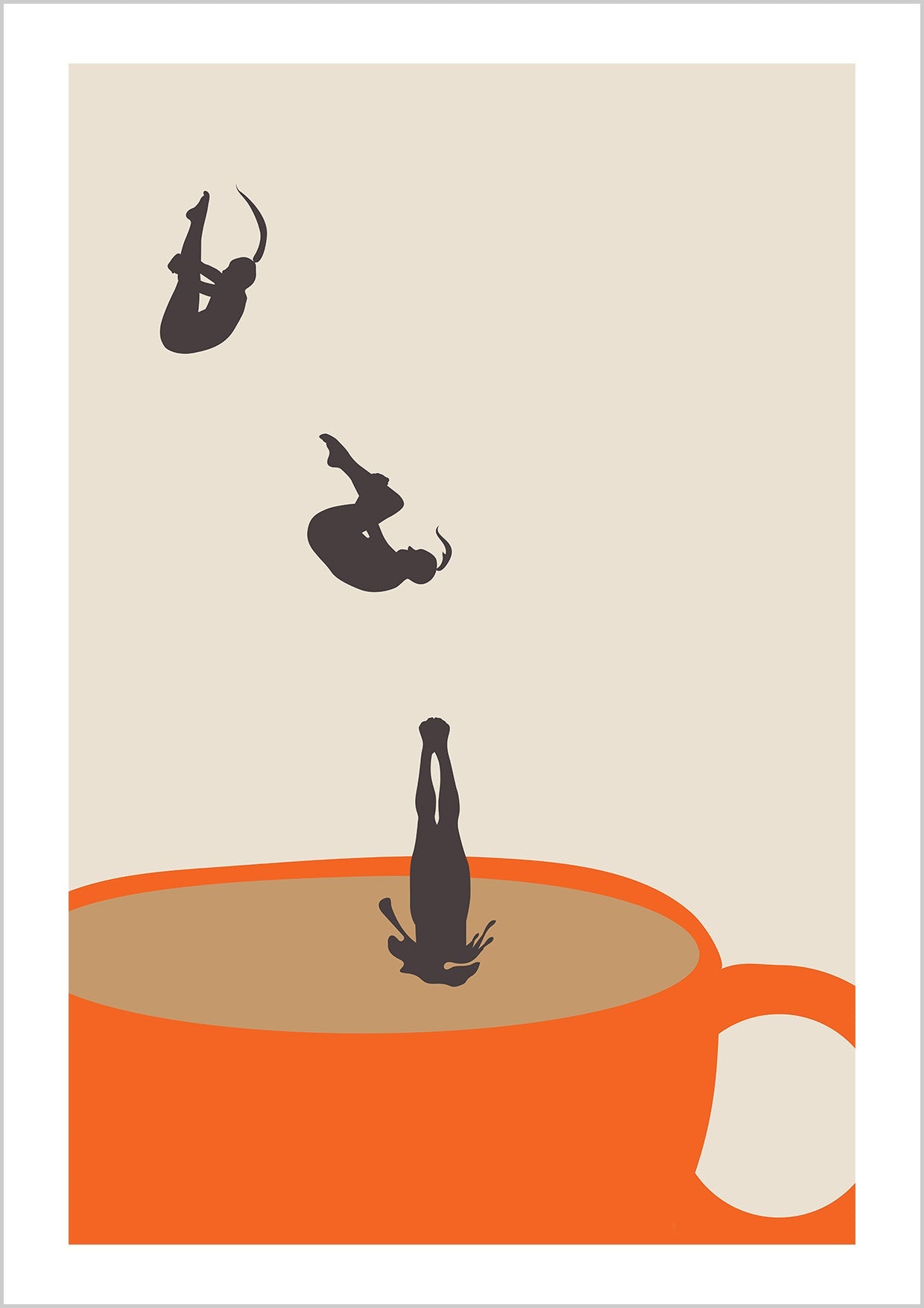 Playful illustration of a diver taking the plunge into an orange cup of coffee, in three dynamic stages.