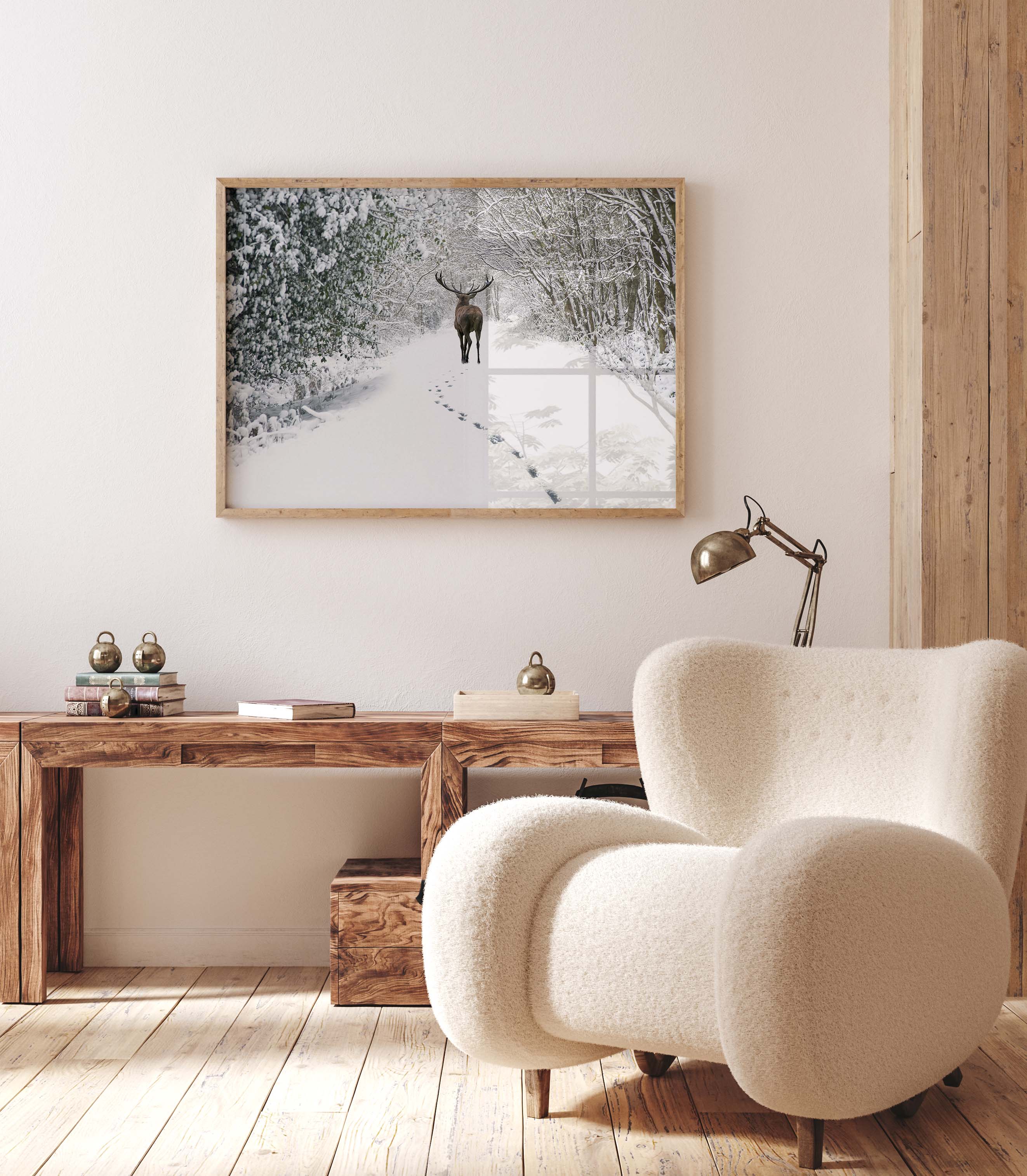 Deer Walking in Snowy Forest Poster