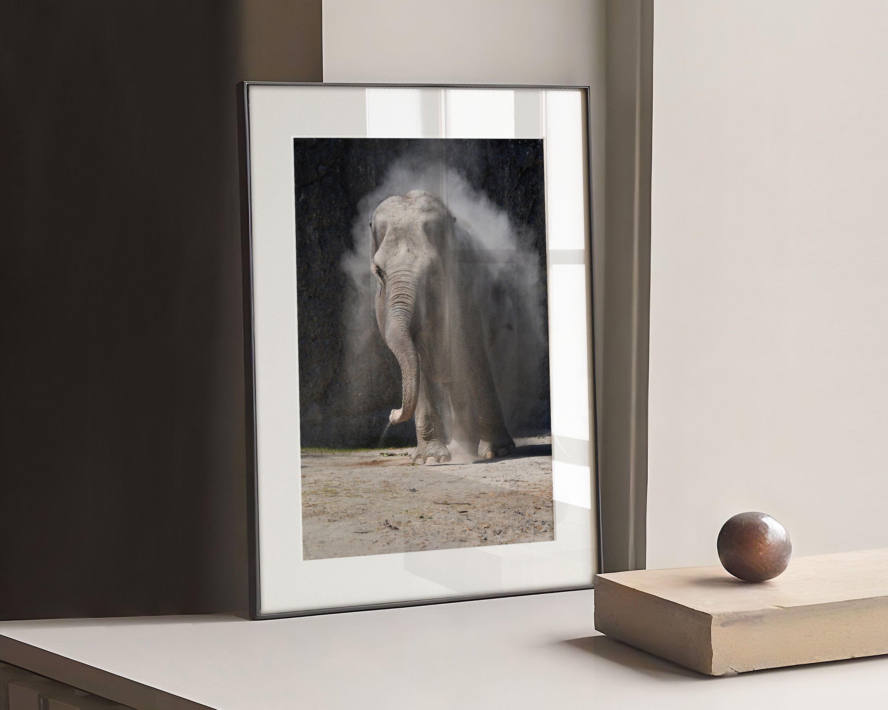 Black and white photography Poster of an elephant walking in the dust.