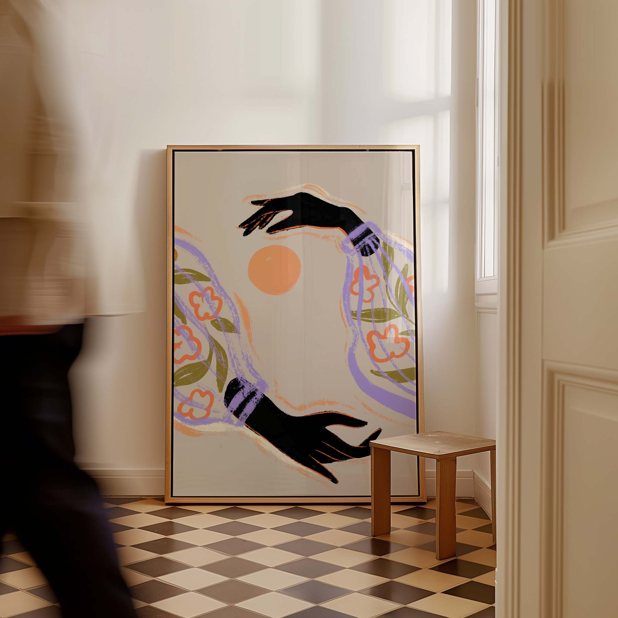 Two open hands frame a glowing orange sun, sleeves alive with floral tones of purple, green, and amber. A simple, uplifting composition that feels warm and contemplative, easy to place in living rooms or calm corners. Artist: Arty Guava