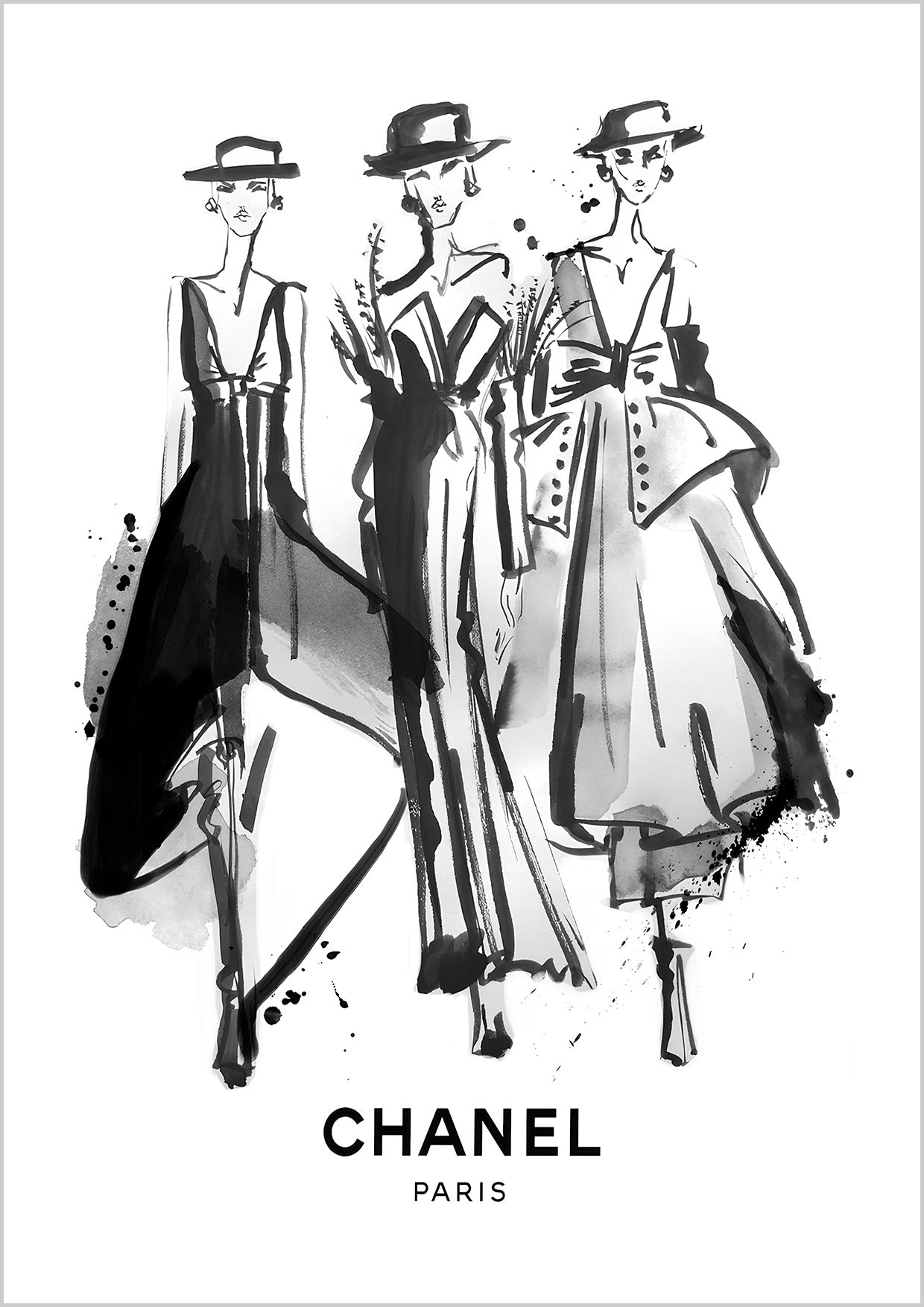Elegant Chanel model fashion sketch, capturing timeless style and haute couture artistry.