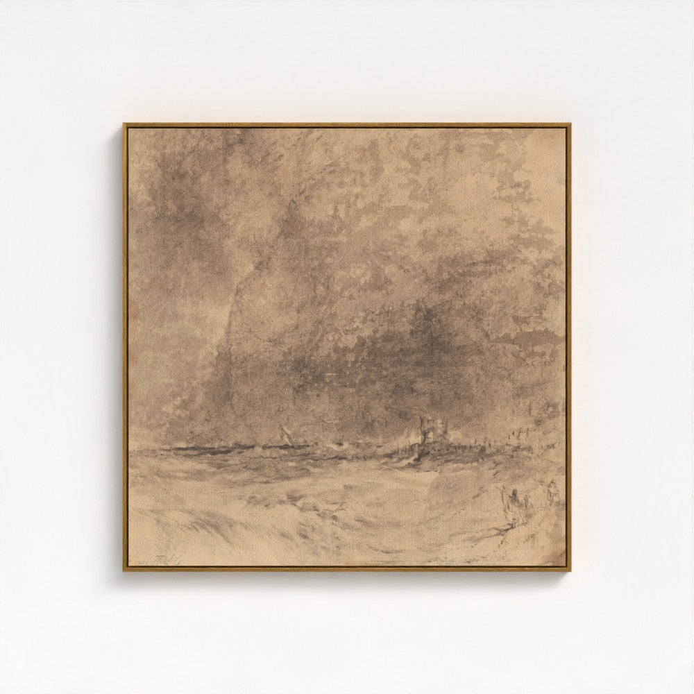 A dramatic seascape with rugged cliffs and shifting skies, drawn from Constable’s study of the English coast. Moody, textured, and full of quiet movement.