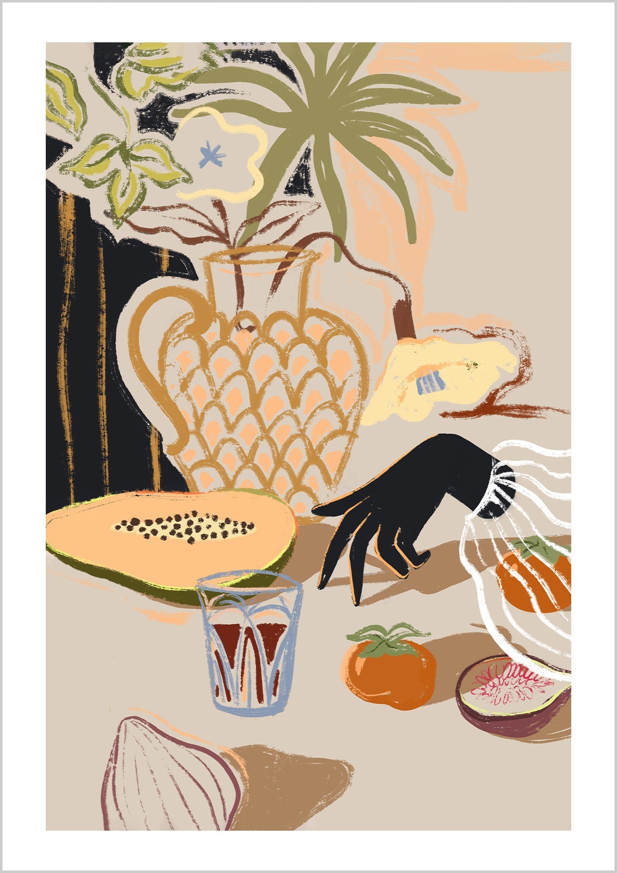 A tabletop of fruit and blossoms captured in rich, modern hues. Still life with a fresh rhythm—perfect for kitchens, dining areas, or spaces that celebrate everyday abundance. Artist: Arty Guava
