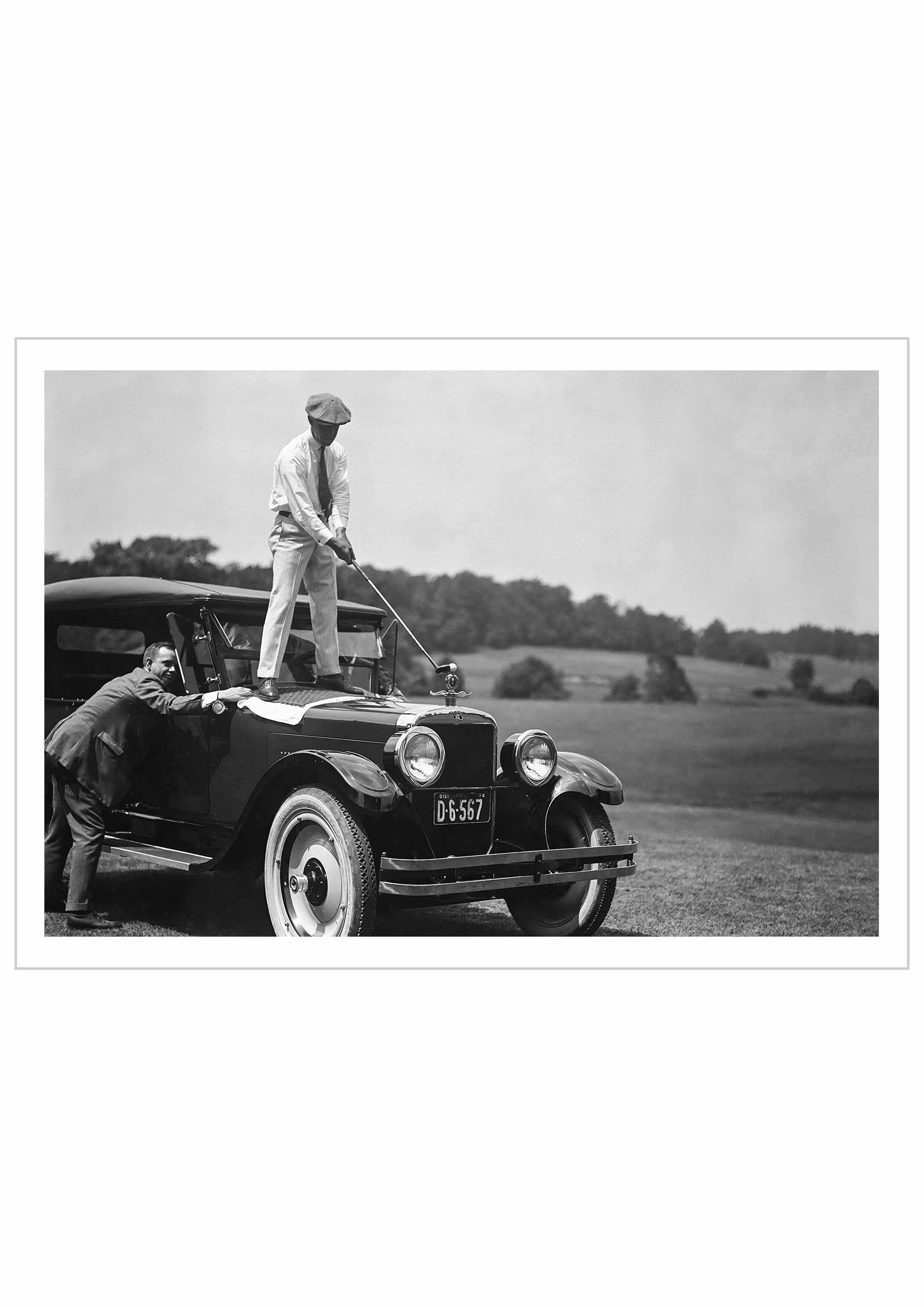 Golfing on top of a car, vintage historic photography 1920s.