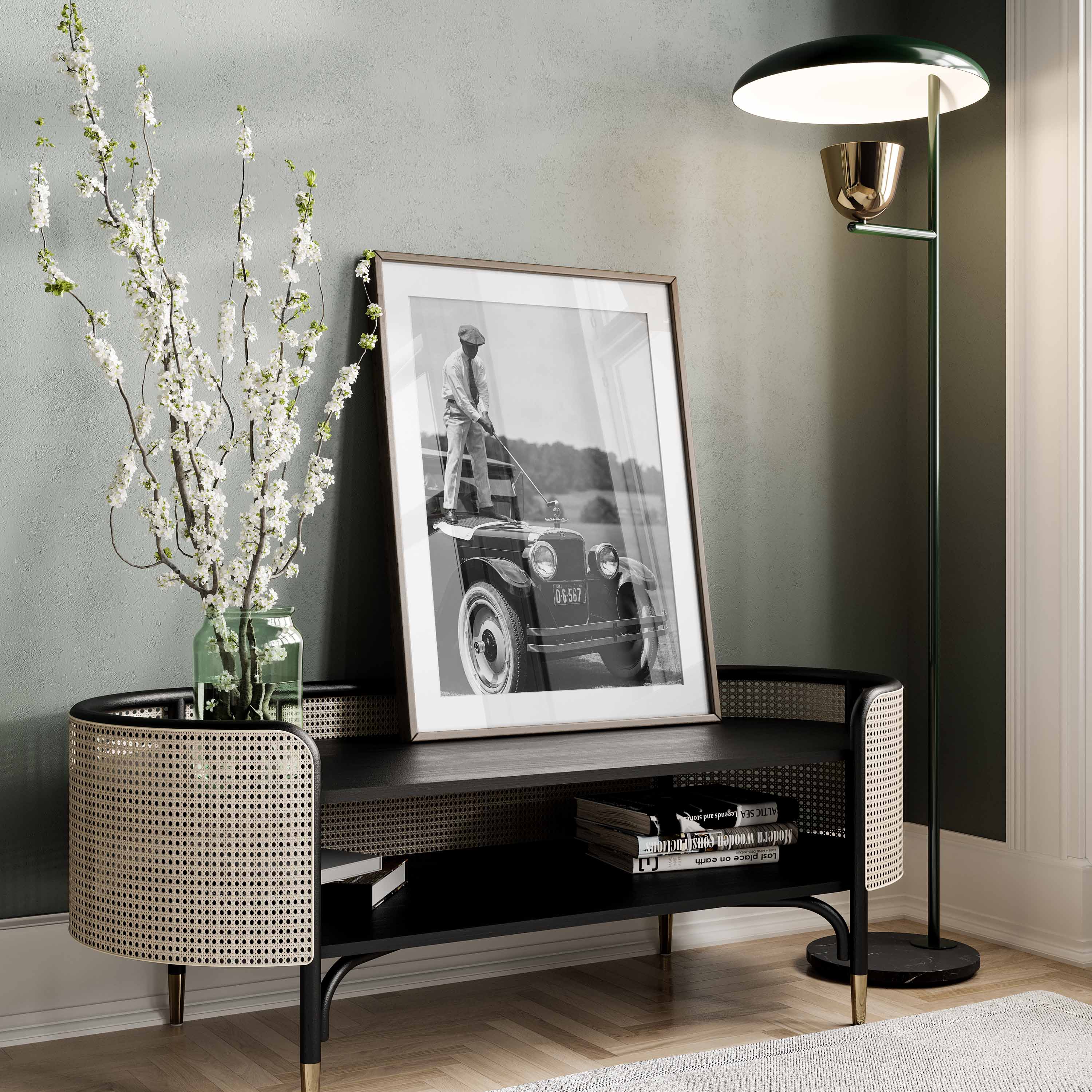Golfing on top of a car, vintage historic photography 1920s.