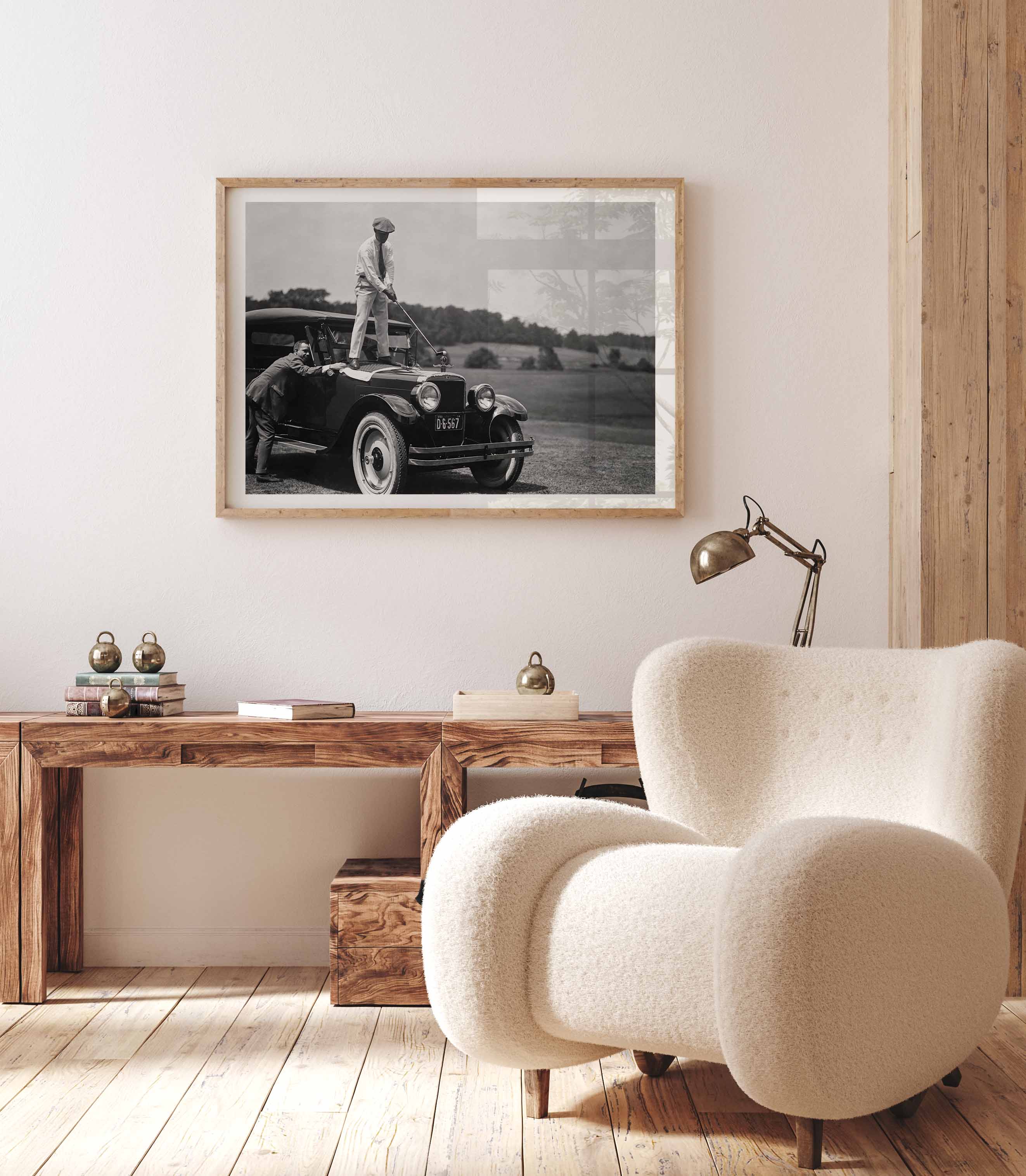 Golfing on top of a car, vintage historic photography 1920s.