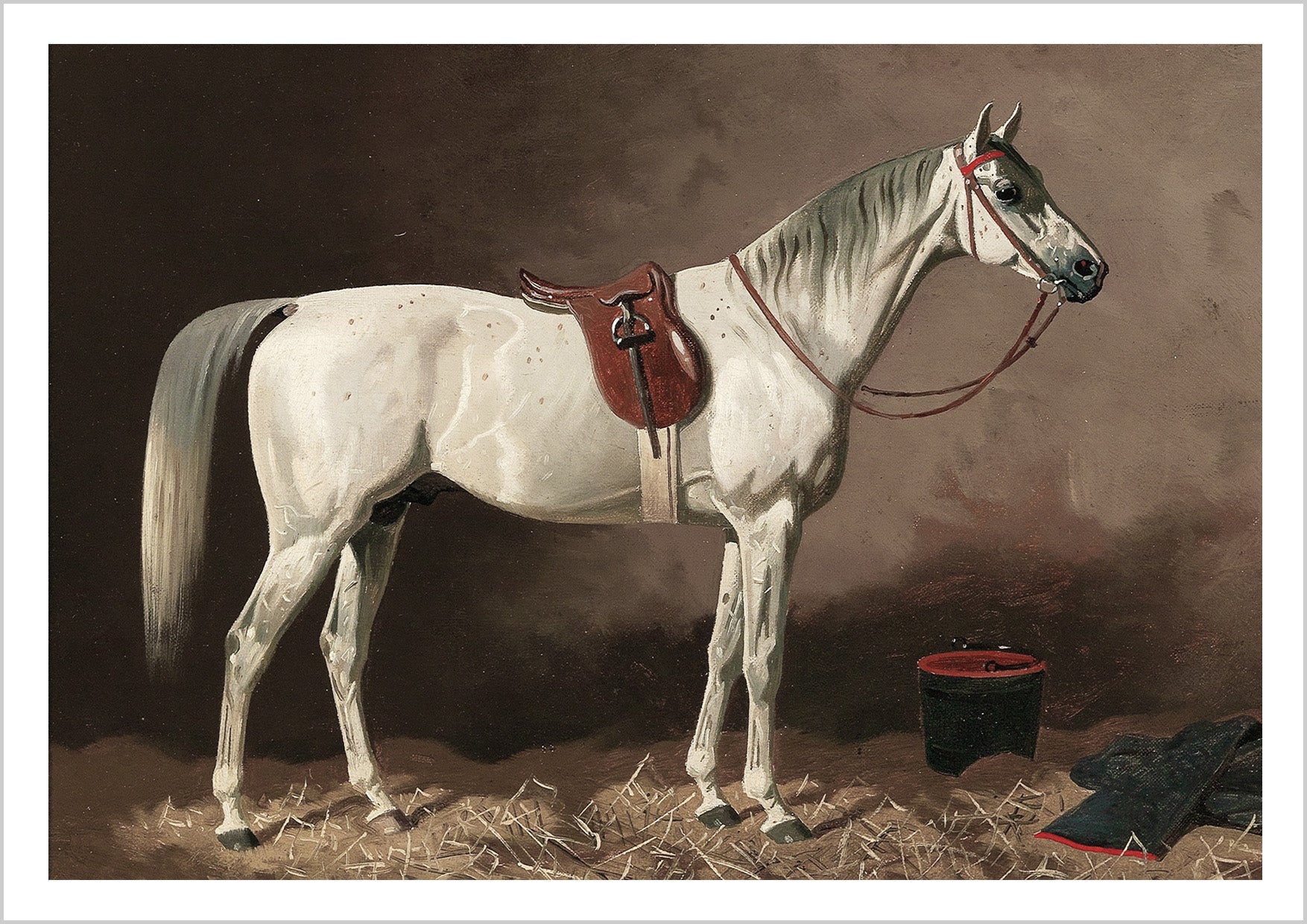 Grey in the Stable' brings the quiet strength of a white horse against rich, deep tones. A touch of rustic beauty for your walls.