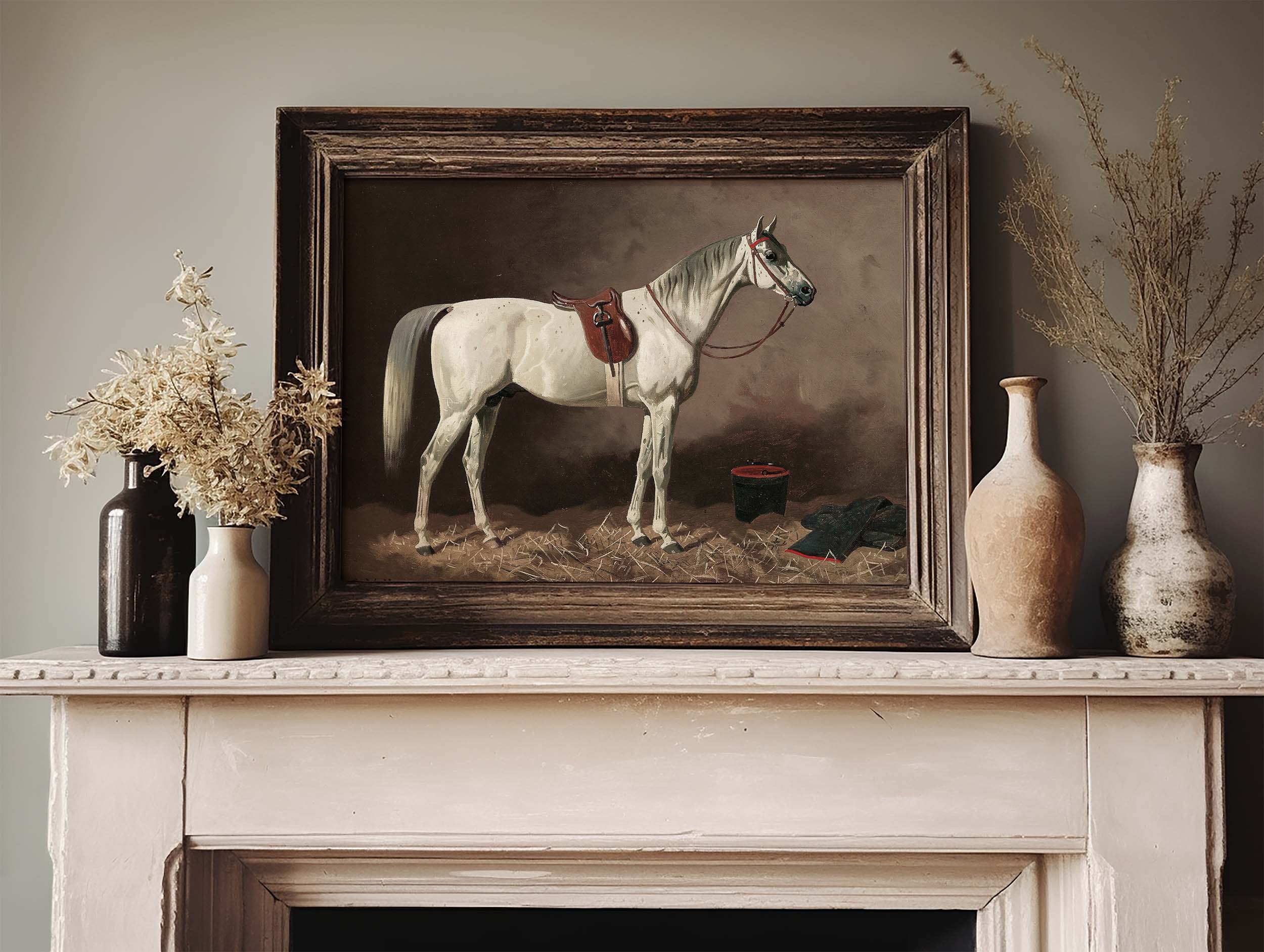 Grey in the Stable' brings the quiet strength of a white horse against rich, deep tones. A touch of rustic beauty for your walls.