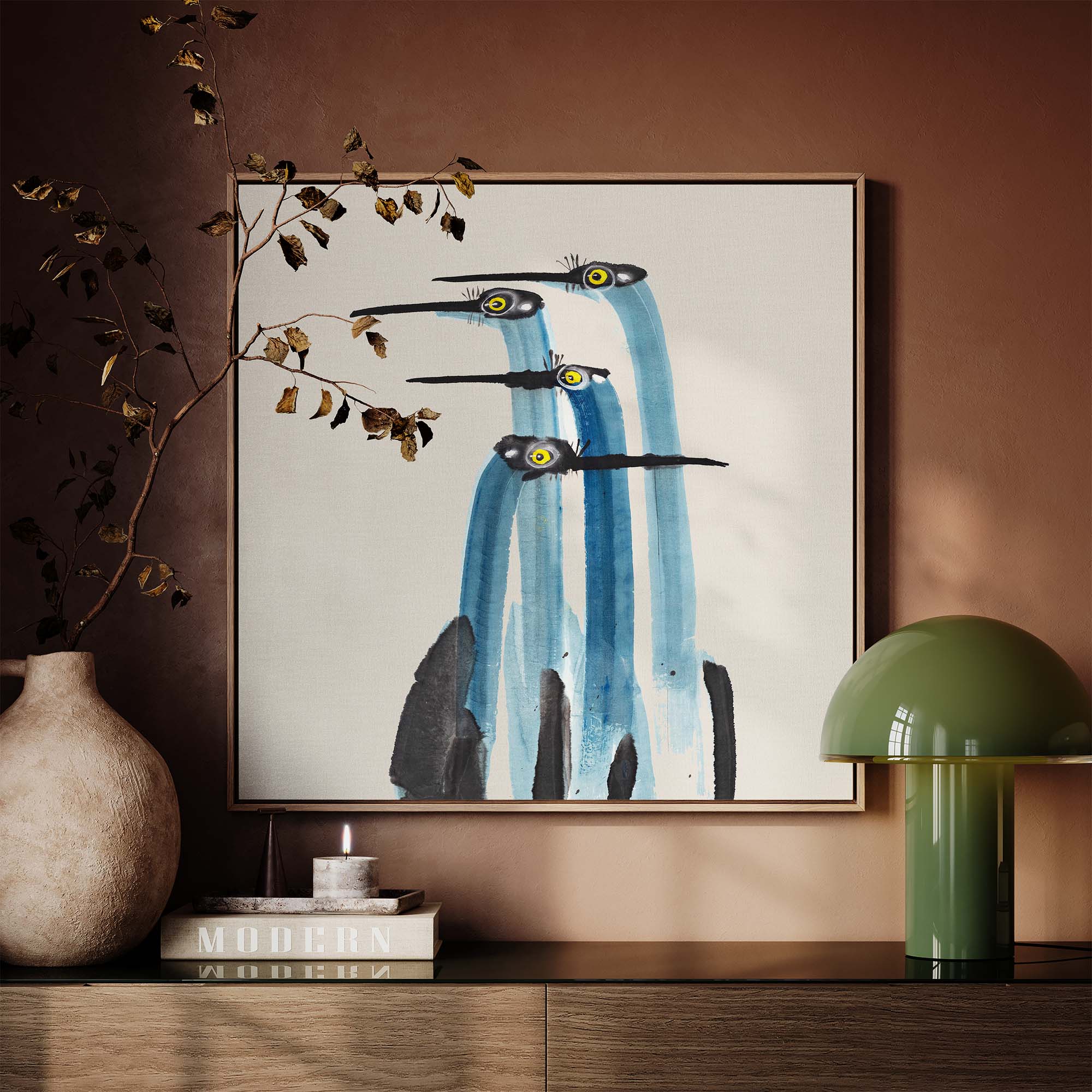 Long necks, raised brows, and a whole lot of side-eye. These birds are clearly in the middle of something. Add this to a space that loves a bit of storytelling.