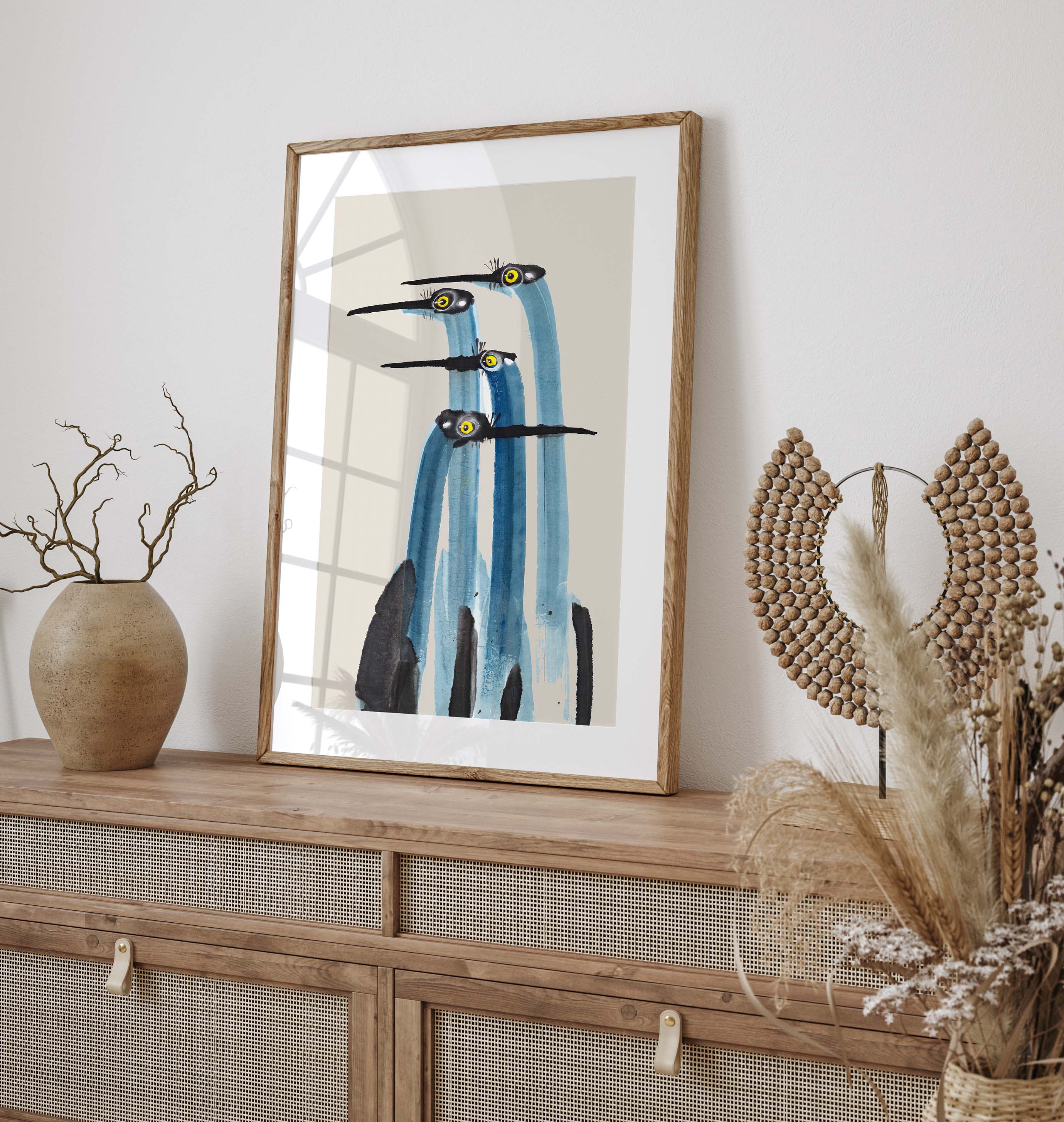 Long necks, raised brows, and a whole lot of side-eye. These birds are clearly in the middle of something. Add this to a space that loves a bit of storytelling.