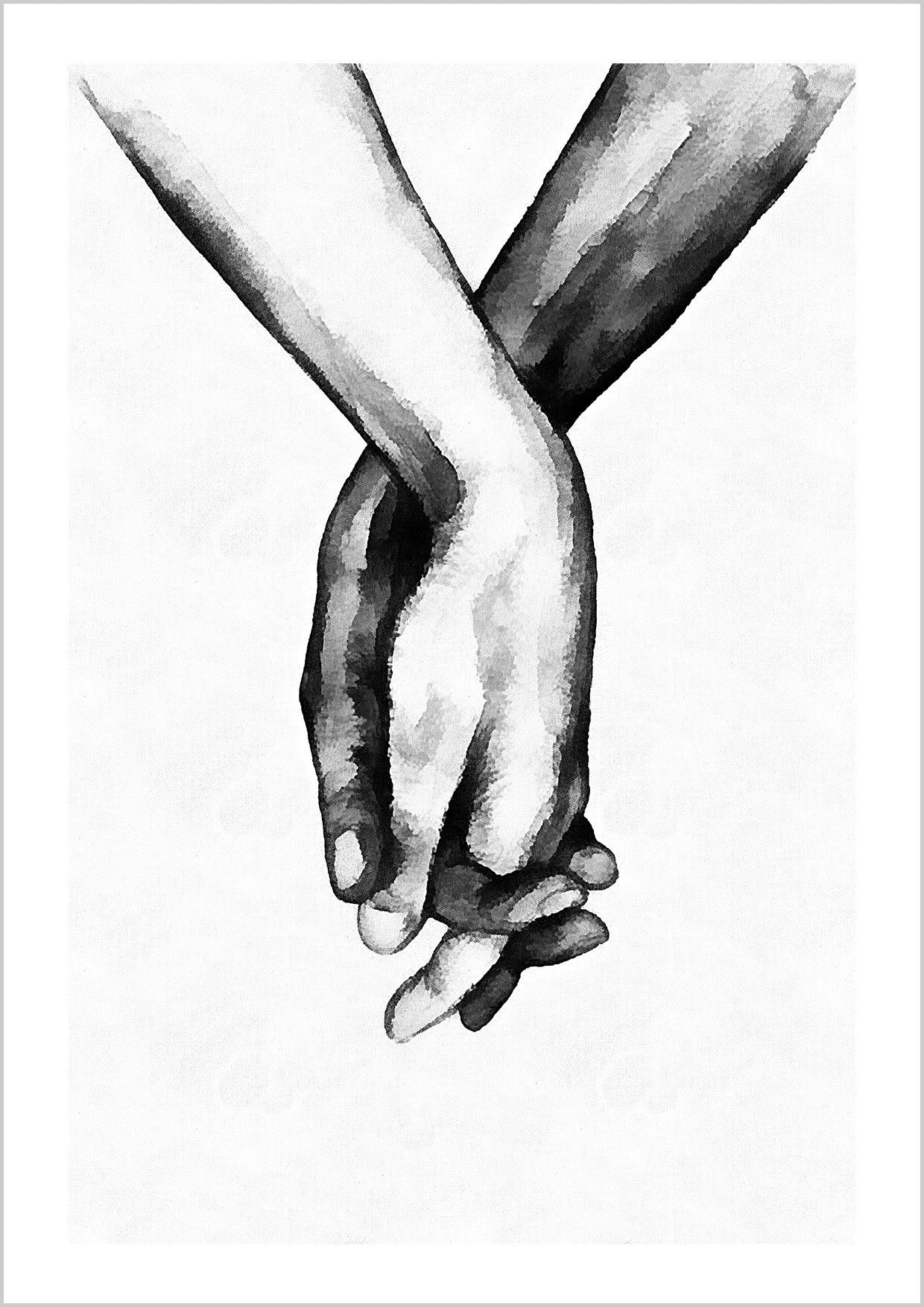 Illustration poster of two hands holding each other. White textured background.