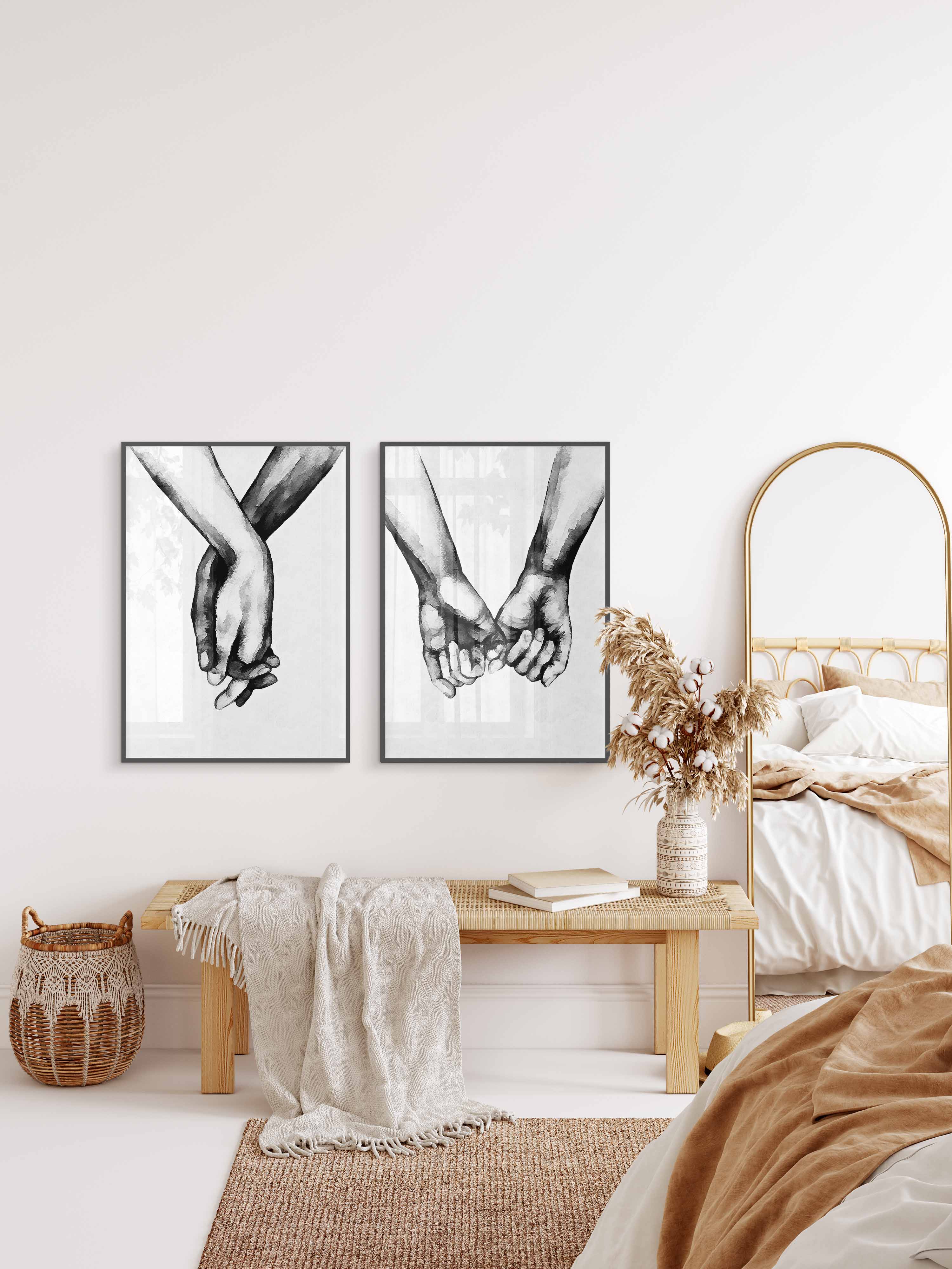Illustration poster of two hands holding each other. White textured background.