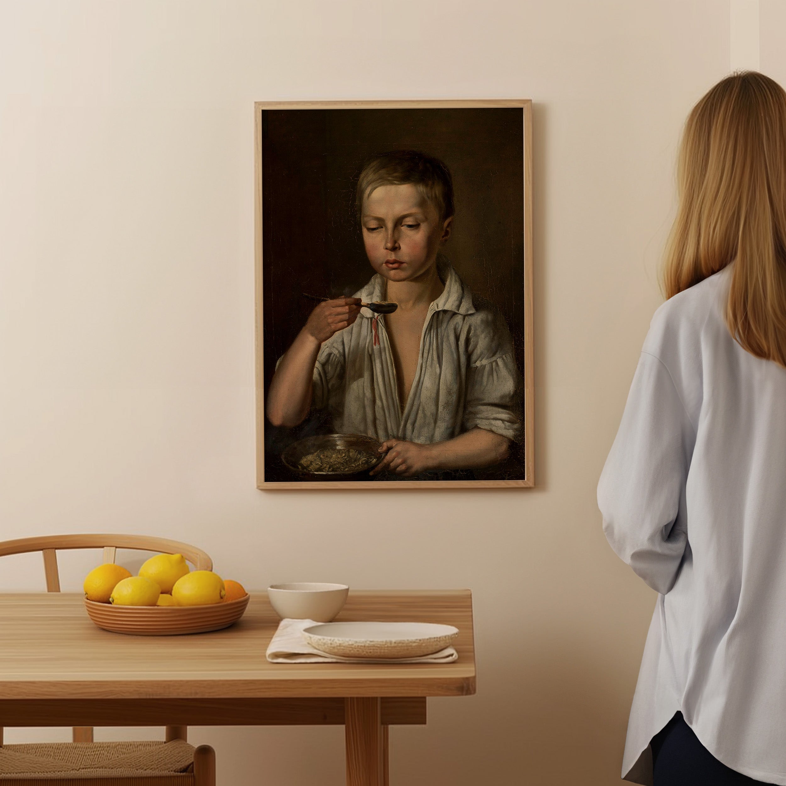 Vintage painting print: La soupe. A boy at breakfast, circa 1857