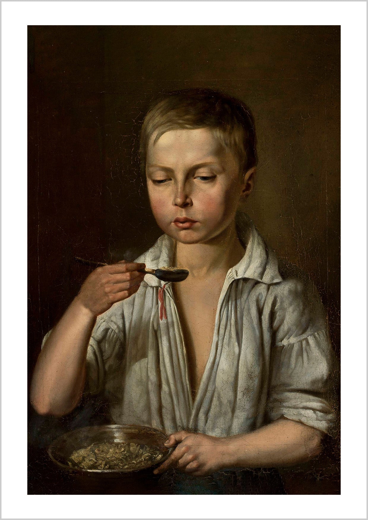 Vintage painting print: La soupe. A boy at breakfast, circa 1856