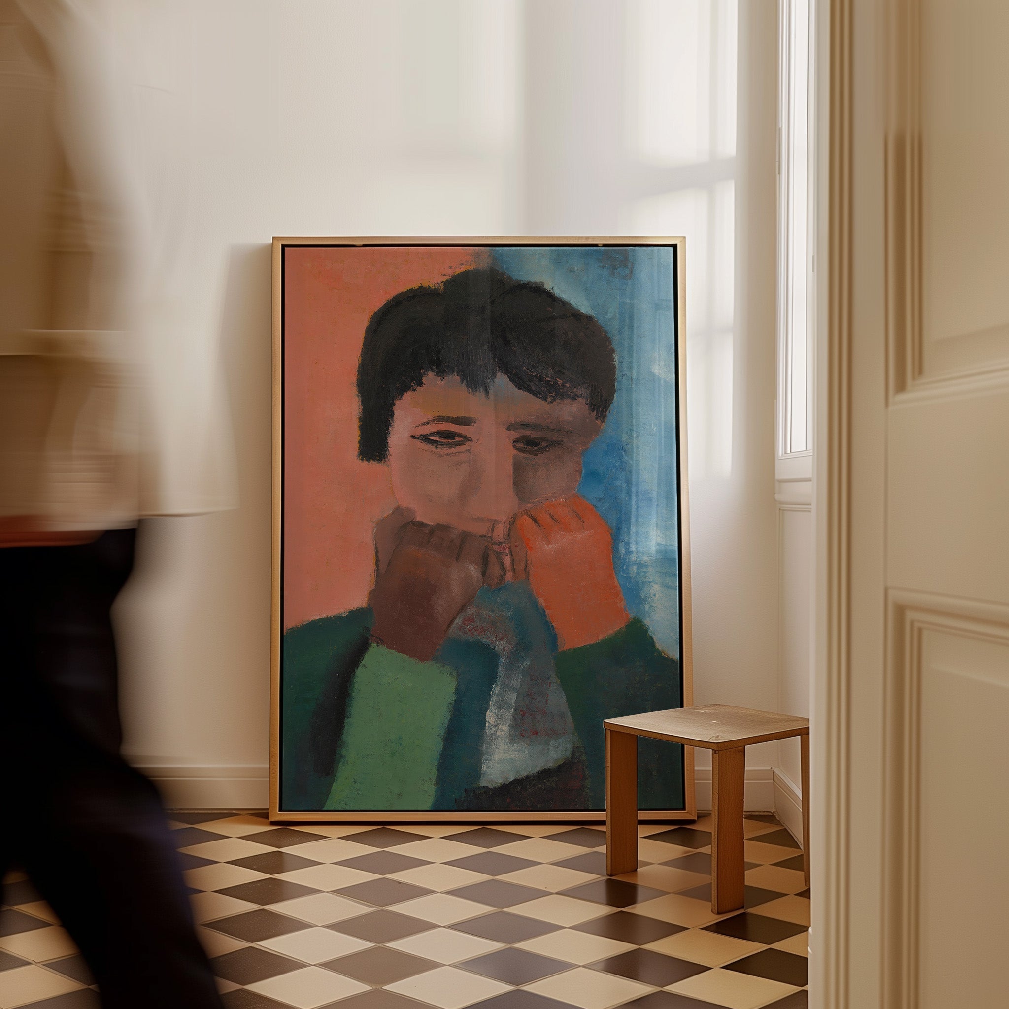 Vrouw steunend op twee vuisten (1944) by Hendrik Nicolaas Werkman. A bold, abstract figure composed with expressive shapes and muted tones. Werkman’s distinct style captures both strength and stillness in this minimalist composition.