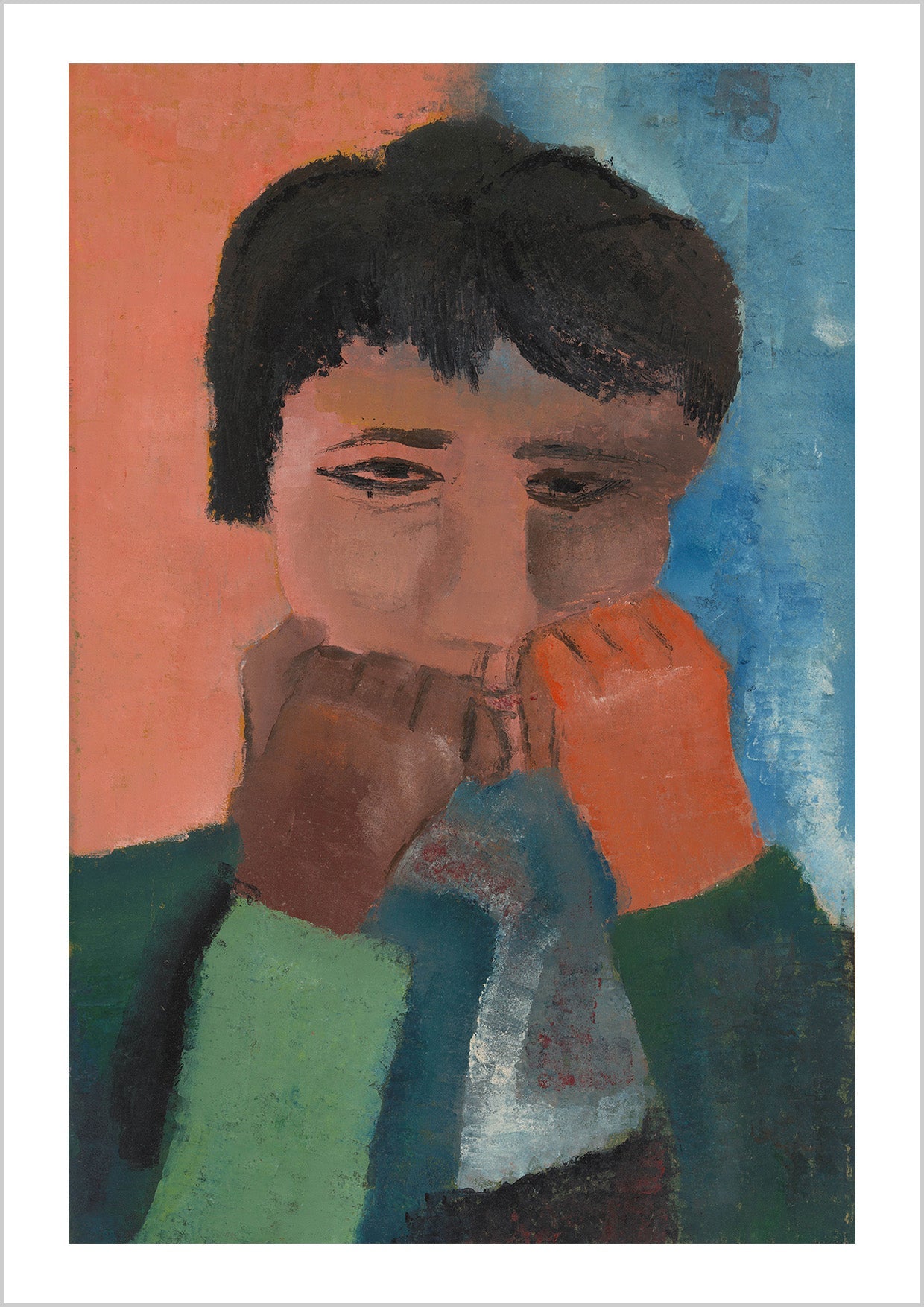 Vrouw steunend op twee vuisten (1944) by Hendrik Nicolaas Werkman. A bold, abstract figure composed with expressive shapes and muted tones. Werkman’s distinct style captures both strength and stillness in this minimalist composition.