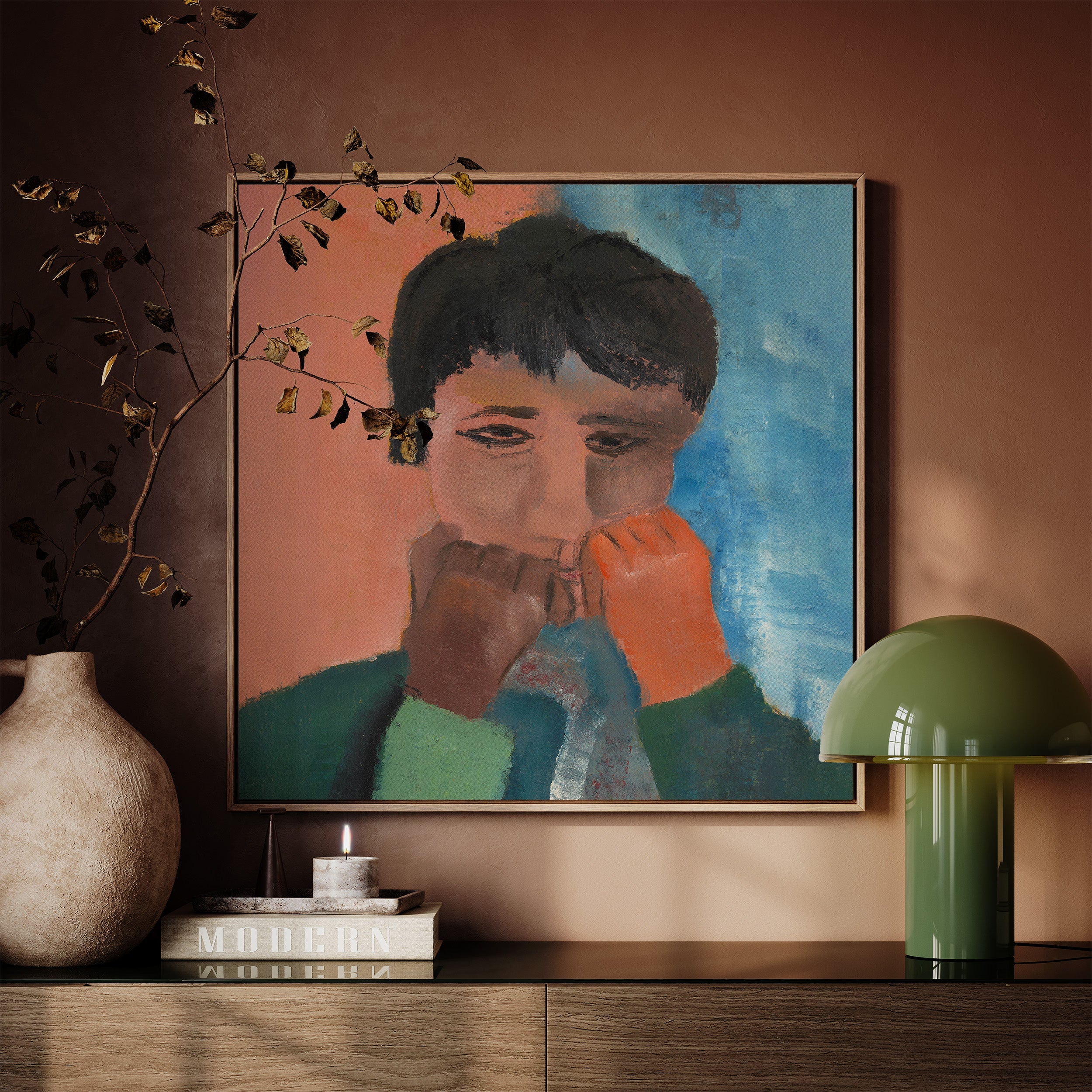 Vrouw steunend op twee vuisten (1944) by Hendrik Nicolaas Werkman. A bold, abstract figure composed with expressive shapes and muted tones. Werkman’s distinct style captures both strength and stillness in this minimalist composition.