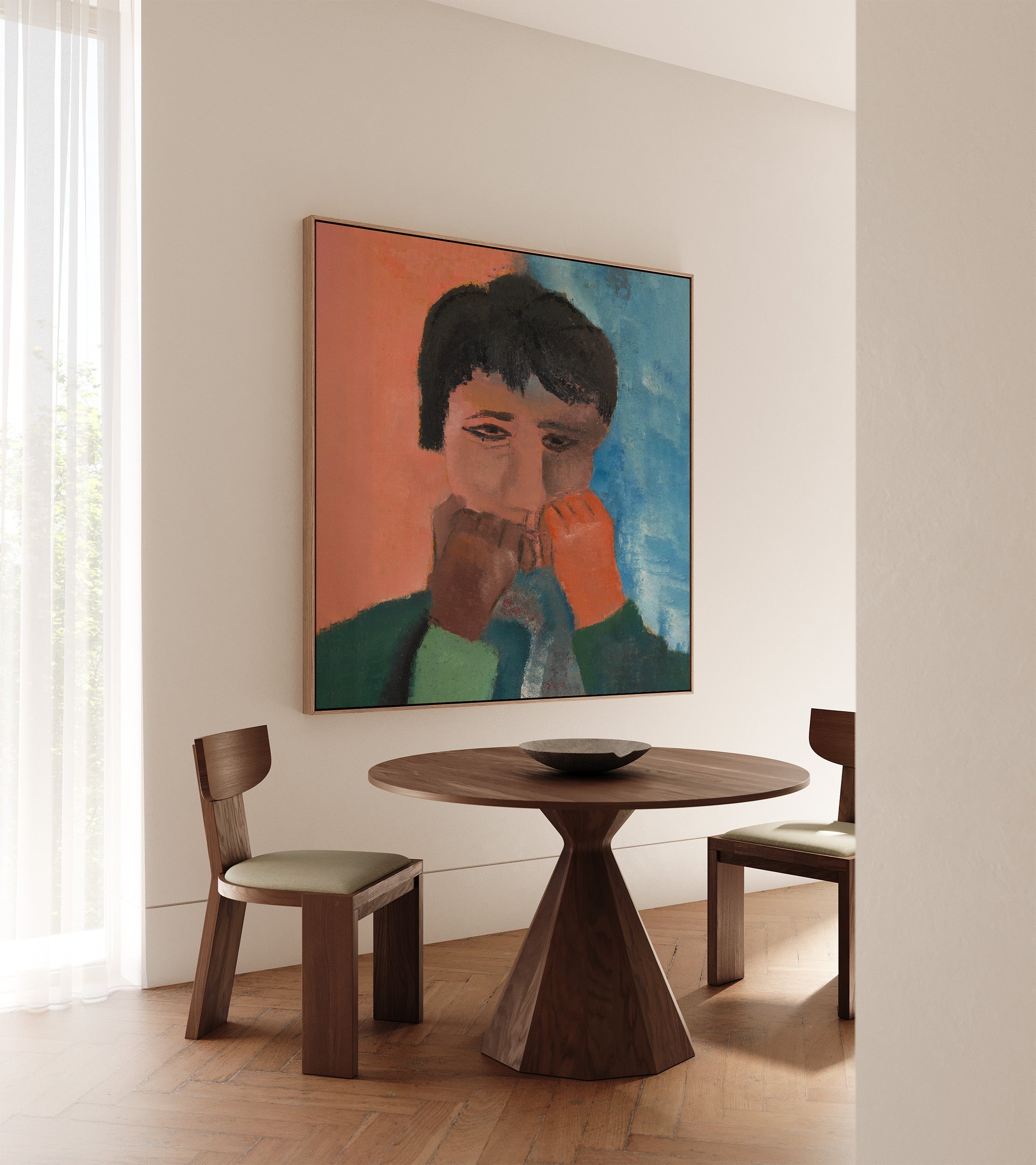 Vrouw steunend op twee vuisten (1944) by Hendrik Nicolaas Werkman. A bold, abstract figure composed with expressive shapes and muted tones. Werkman’s distinct style captures both strength and stillness in this minimalist composition.
