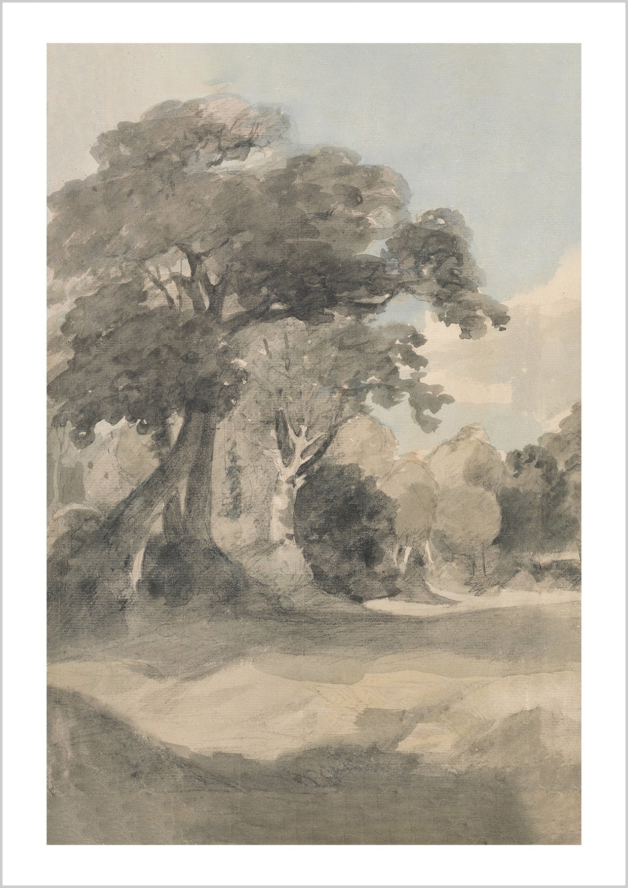 A gentle scene of trees resting in open meadowland. Soft light and loose brushwork capture the calm stillness of the English countryside. John Constable