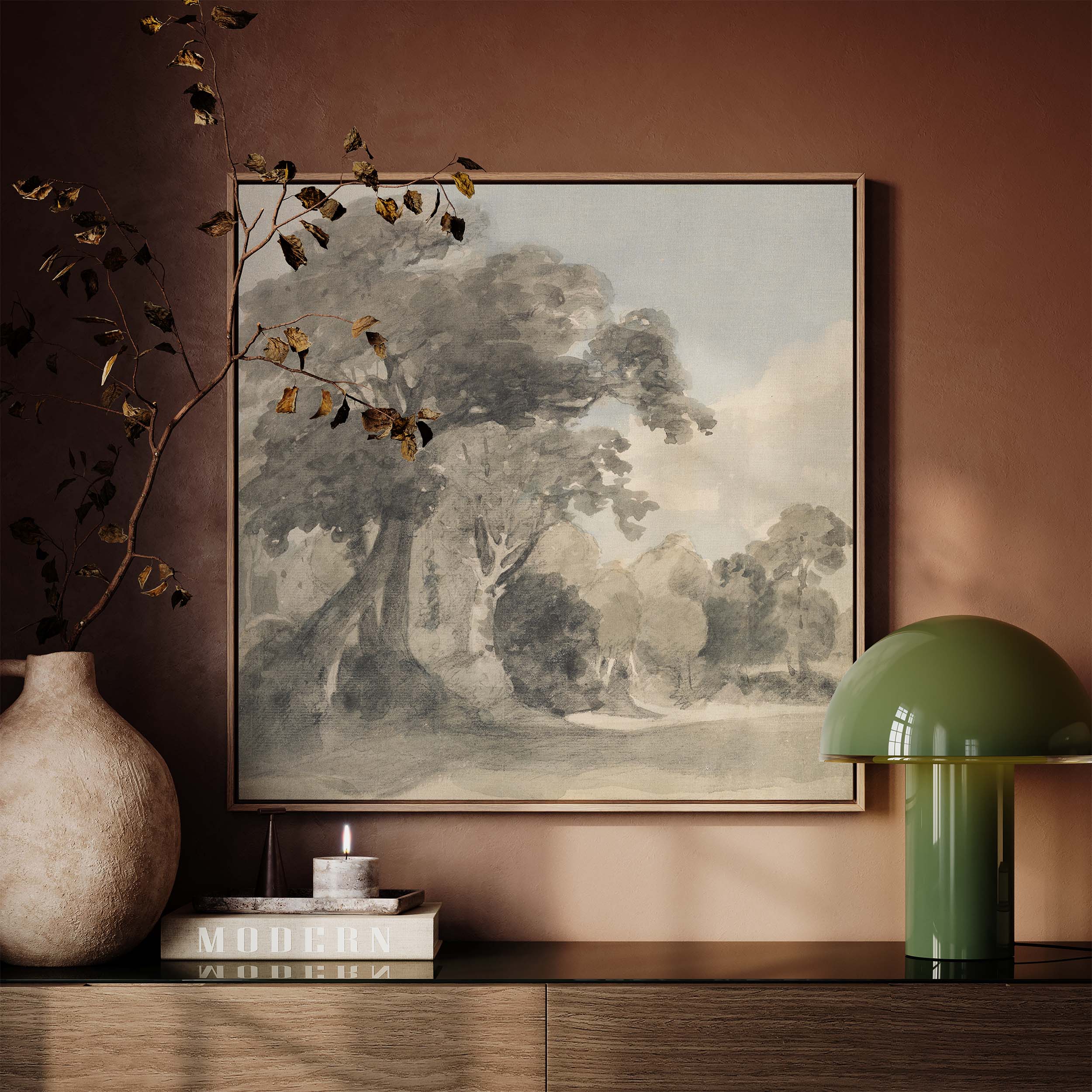 A gentle scene of trees resting in open meadowland. Soft light and loose brushwork capture the calm stillness of the English countryside. John Constable