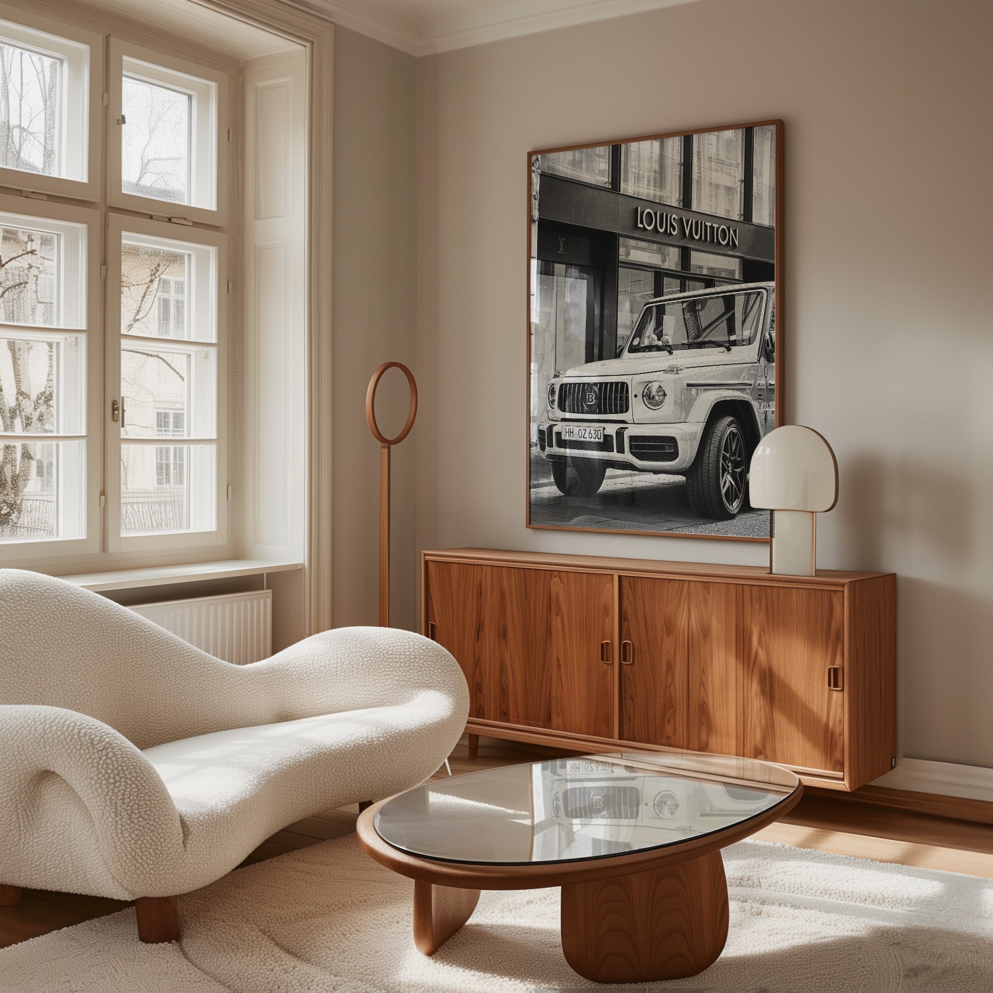 The "Mercedes G Wagon" print portrays a close-up of the iconic luxury SUV, capturing its bold lines and powerful presence.