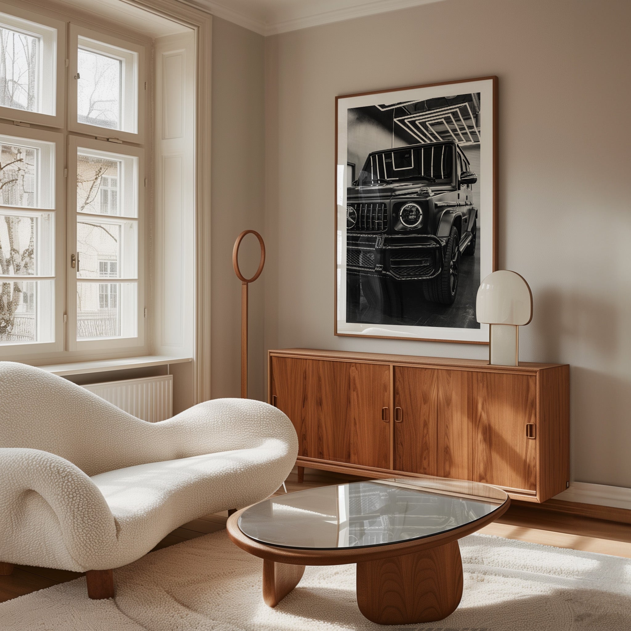 The "Mercedes G Wagon Brabus" print portrays a black-and-white close-up of the iconic luxury SUV, capturing its bold lines and powerful presence.