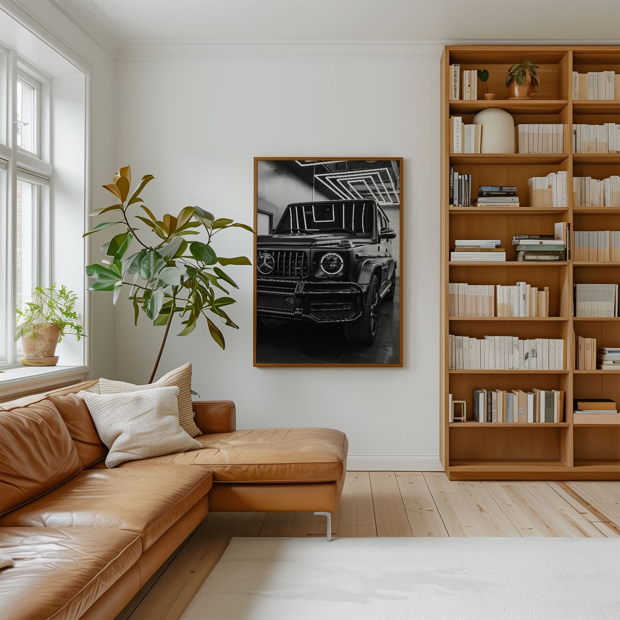The "Mercedes G Wagon Brabus" print portrays a black-and-white close-up of the iconic luxury SUV, capturing its bold lines and powerful presence.
