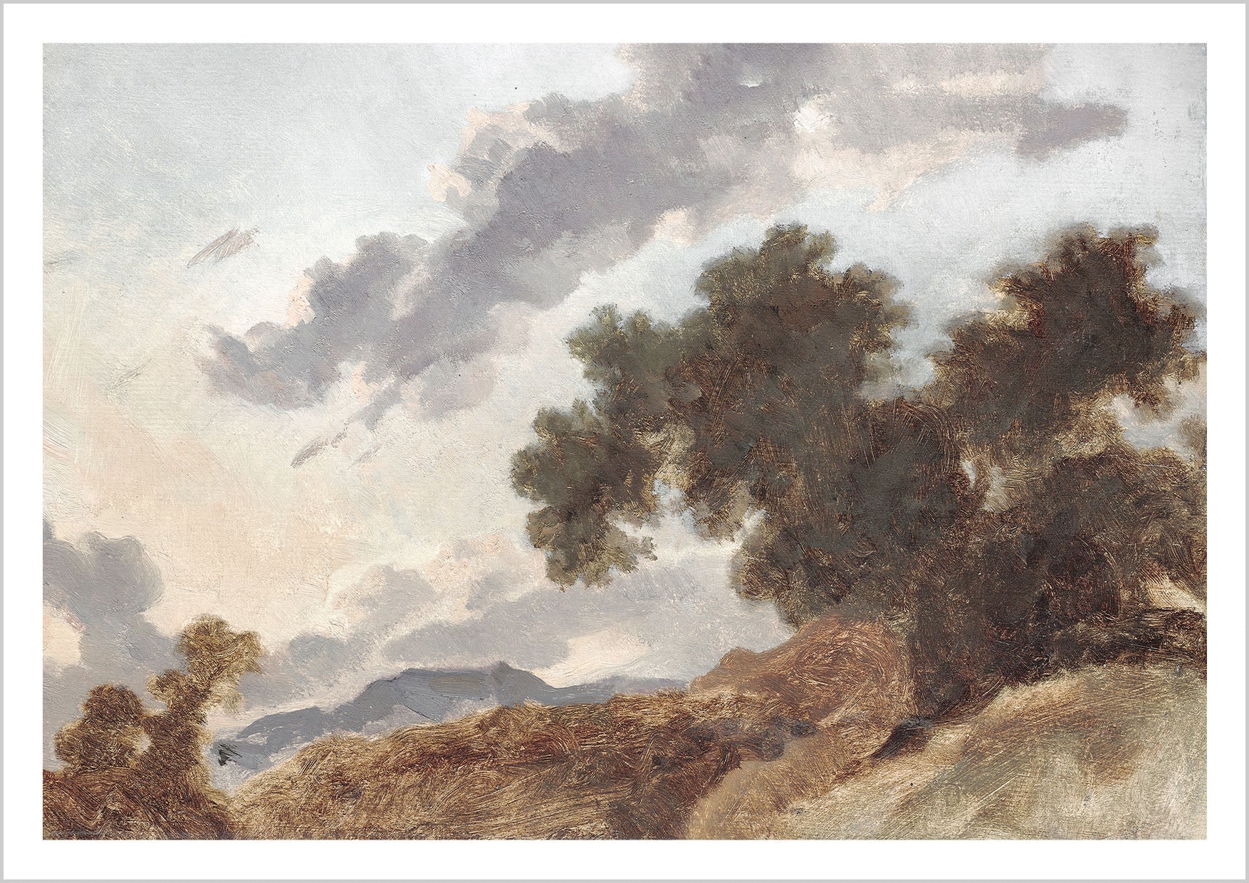 "Mountain Landscape at Sunset" (c. 1765) by Jean-Honoré Fragonard is a vintage painting that portrays a hillside in rich, earthy fall tones, with rustic brushwork reflecting the warm glow of a sunset over the mountains.