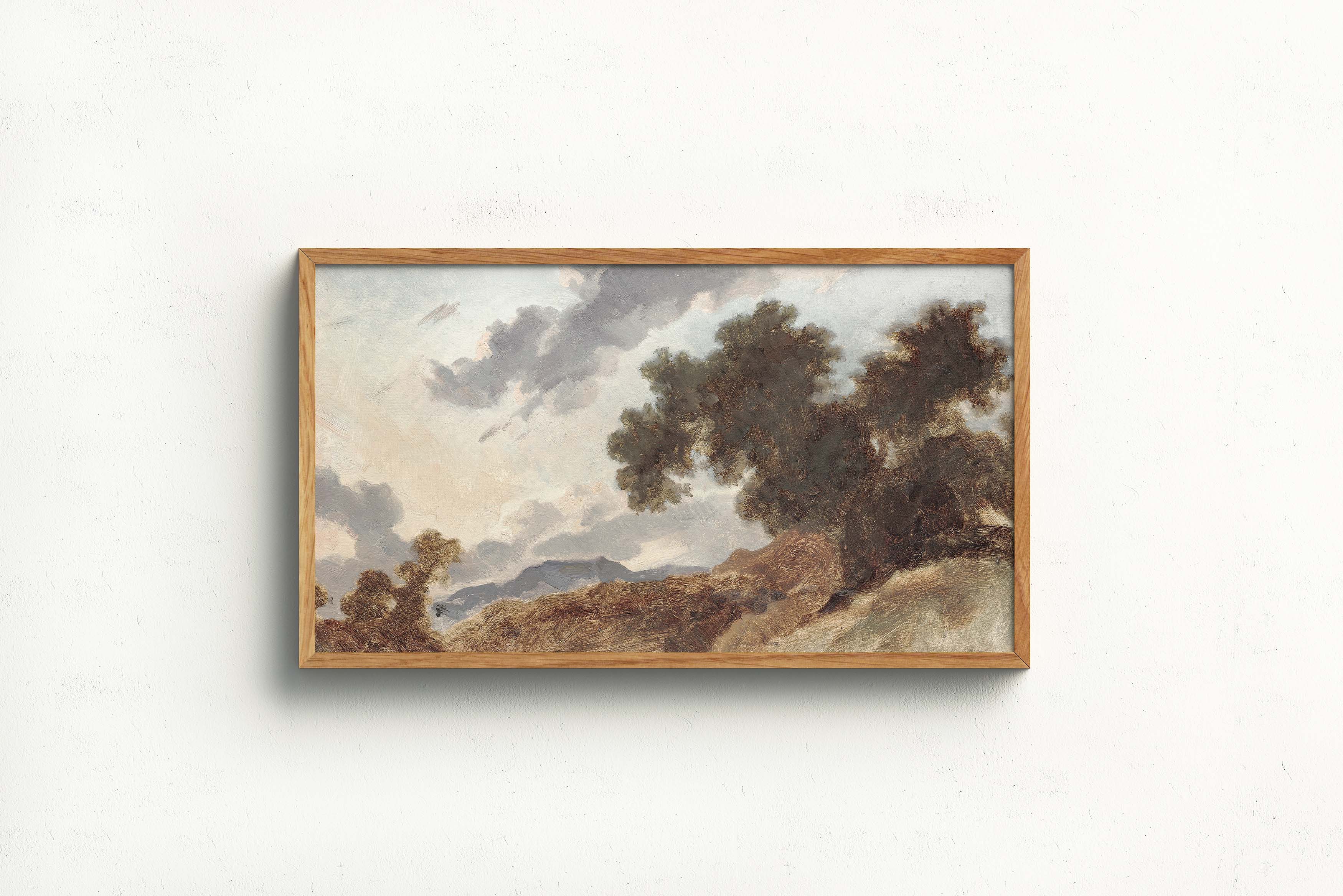 "Mountain Landscape at Sunset" (c. 1765) by Jean-Honoré Fragonard is a vintage painting that portrays a hillside in rich, earthy fall tones, with rustic brushwork reflecting the warm glow of a sunset over the mountains.