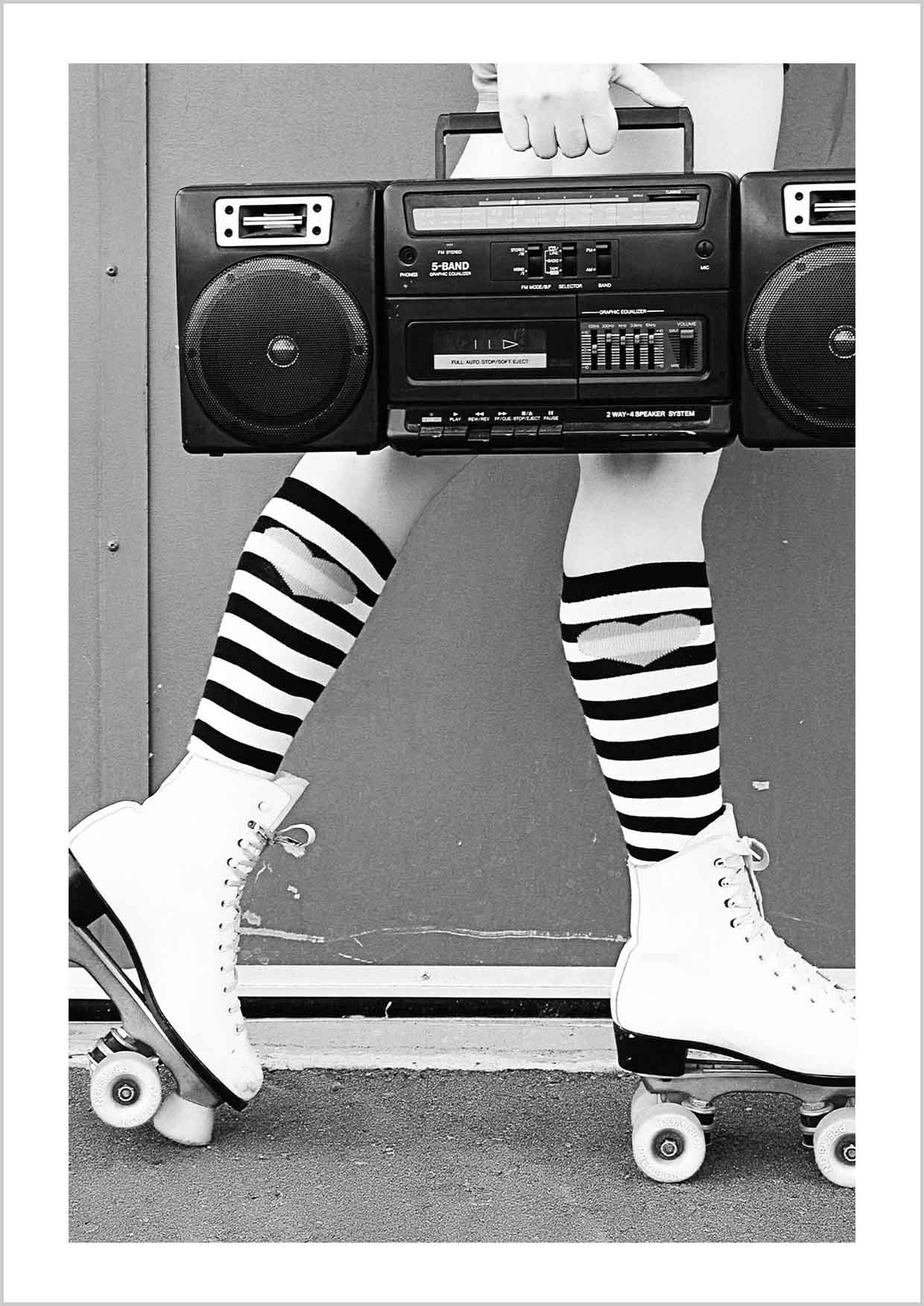 monochrome photography Poster of woman legs wearing high socks, white roller, she is carrying a radio.Roller Skating