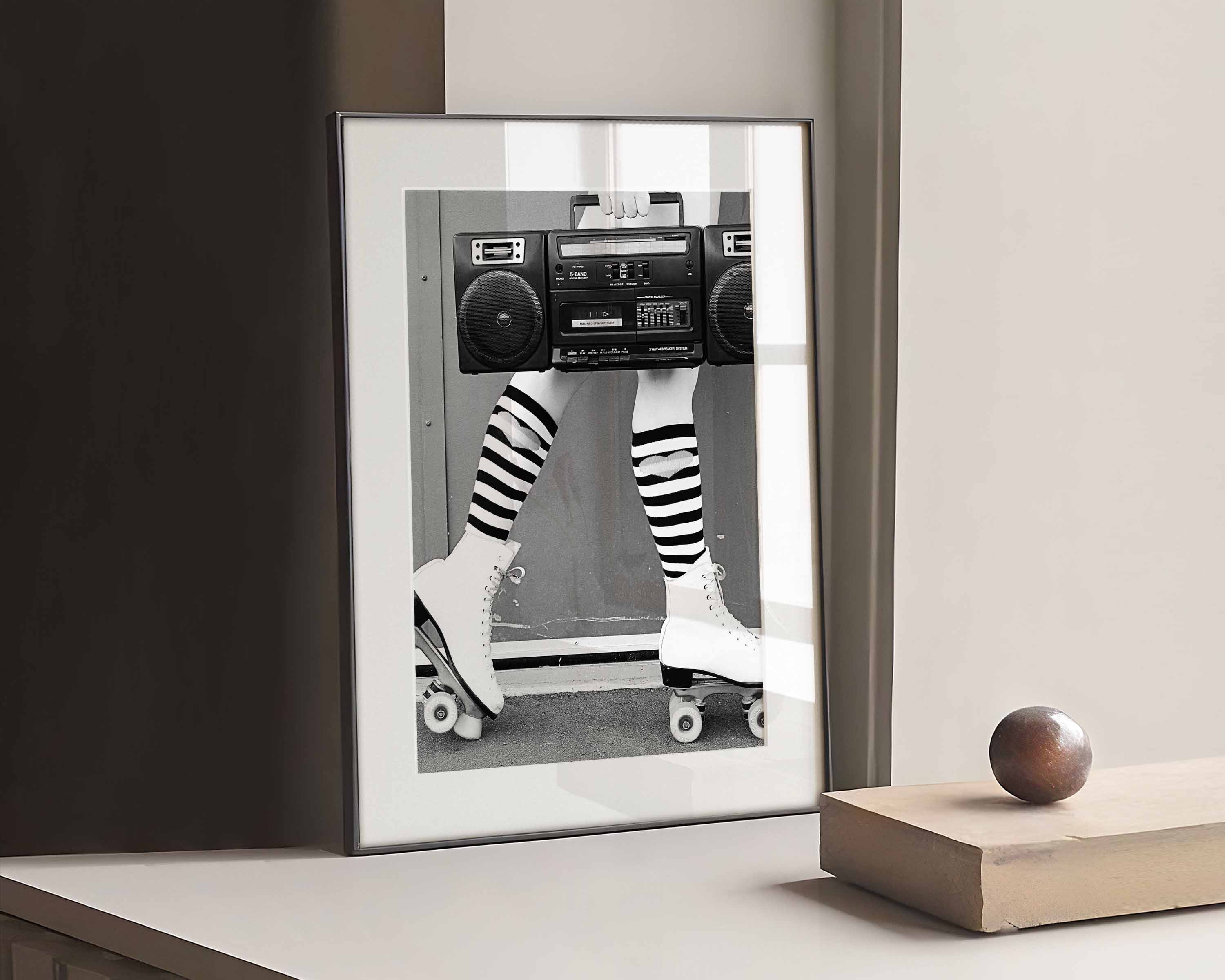monochrome photography Poster of woman legs wearing high socks, white roller, she is carrying a radio.