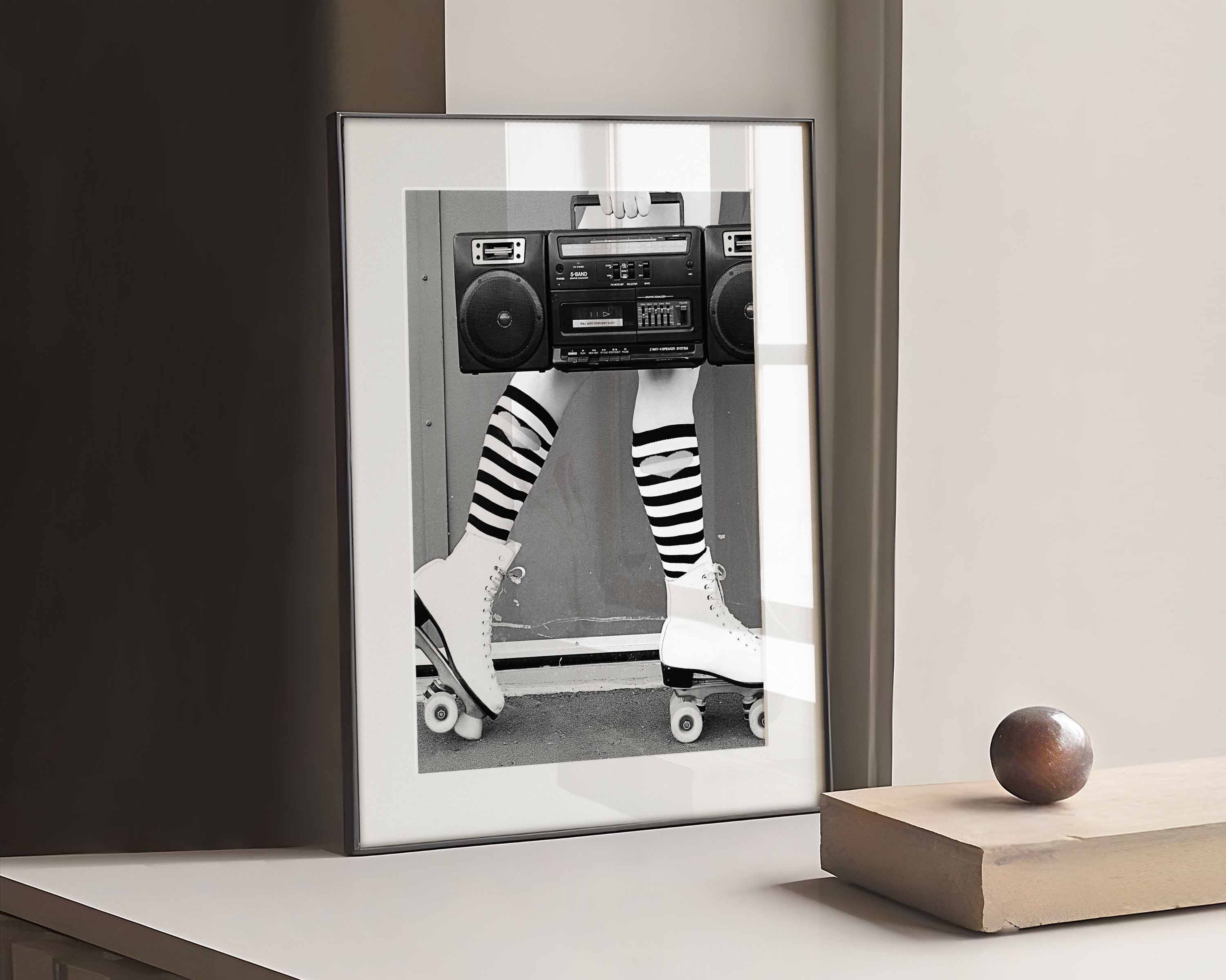 monochrome photography Poster of woman legs wearing high socks, white roller, she is carrying a radio.