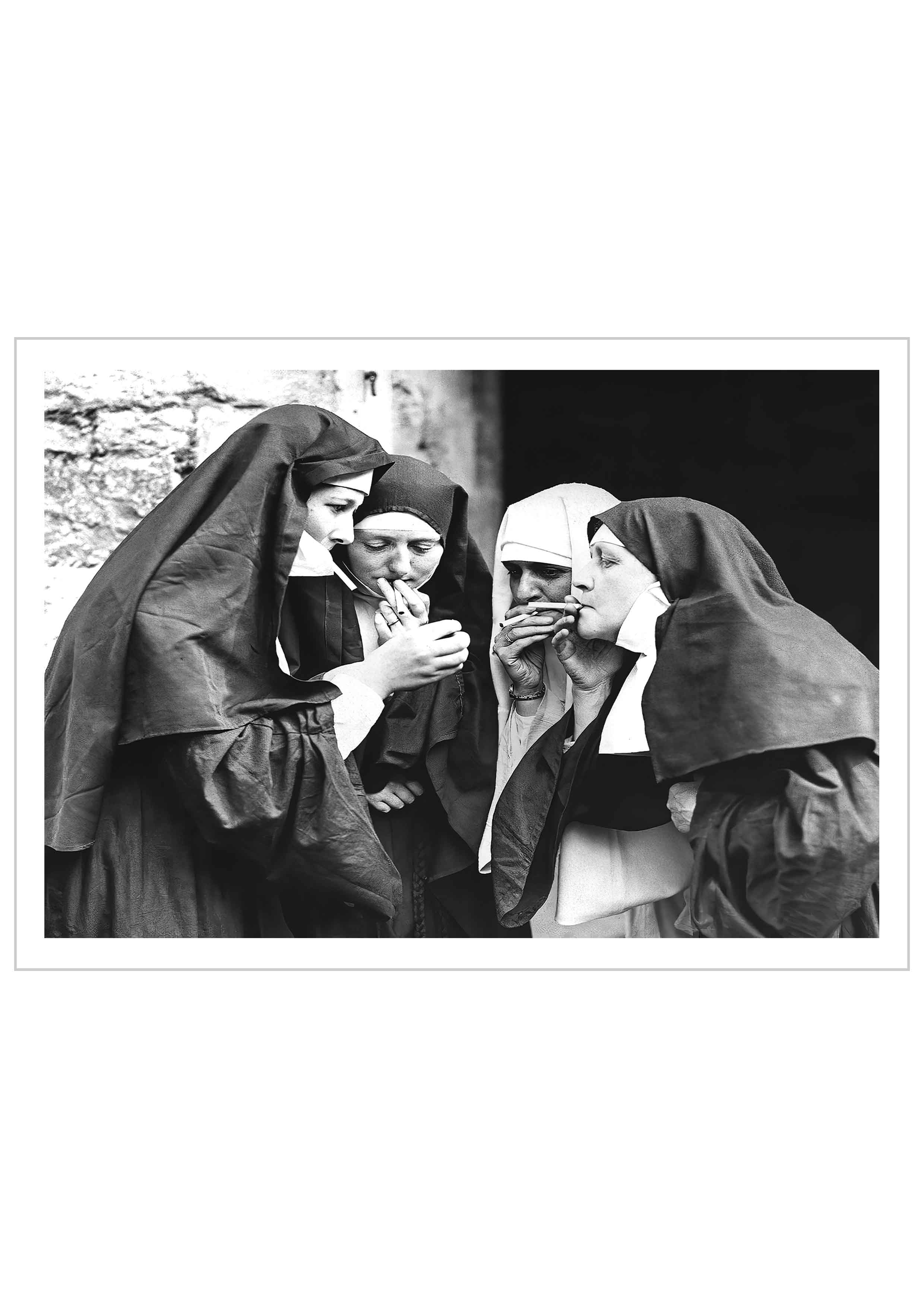 Historic photography print of women dressed as nuns having a cigarette break during the Walmer Castle pageant in Kent.