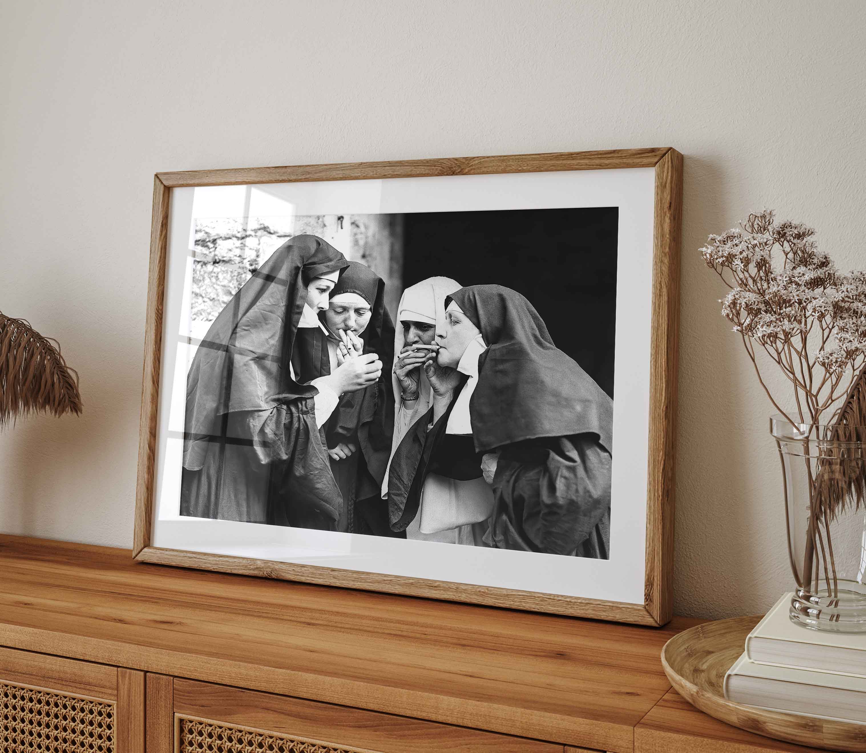 Historic photography print of women dressed as nuns having a cigarette break during the Walmer Castle pageant in Kent.