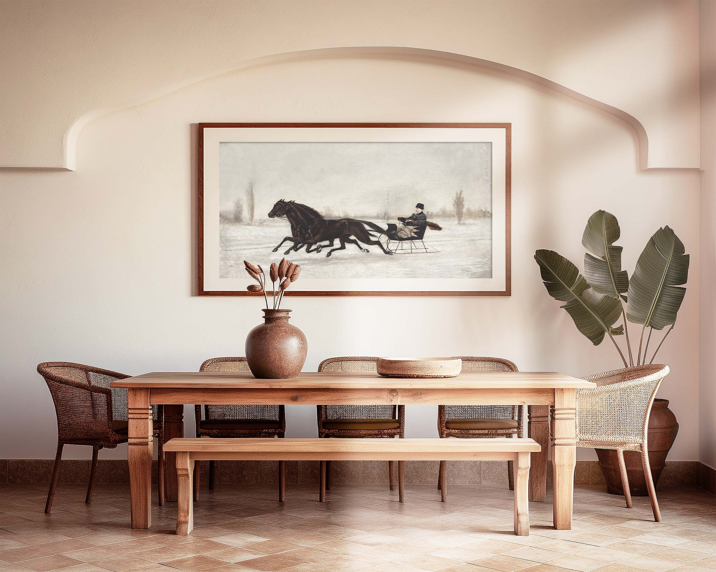 antique painting, digitally remastered for high-quality large-scale print, showcases 'Winter Horse Sleigh Ride' by Peter B. West. Featuring intricate details and brush strokes, it beautifully captures David Marsh in a classic sleigh ride through a snowy landscape.