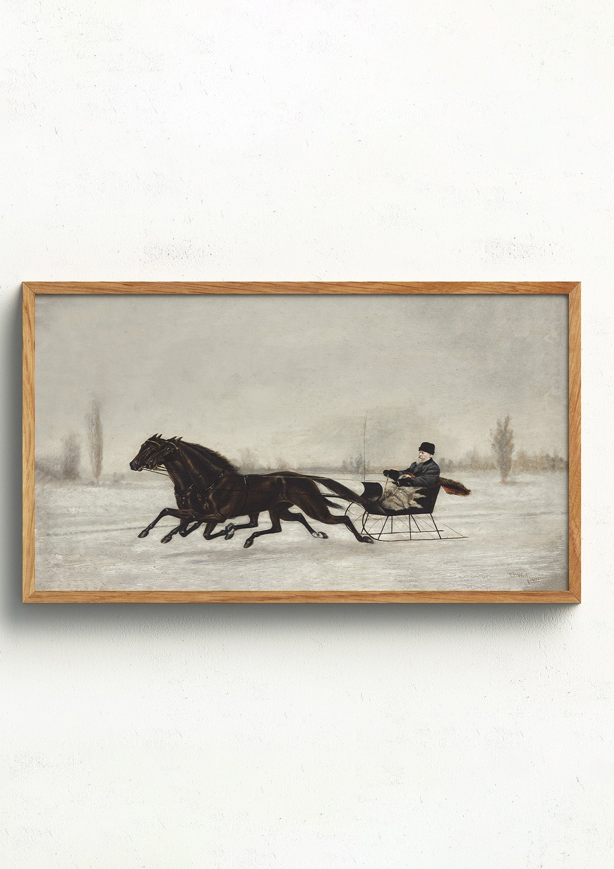 antique painting, digitally remastered for high-quality large-scale print, showcases 'Winter Horse Sleigh Ride' by Peter B. West. Featuring intricate details and brush strokes, it beautifully captures David Marsh in a classic sleigh ride through a snowy landscape.